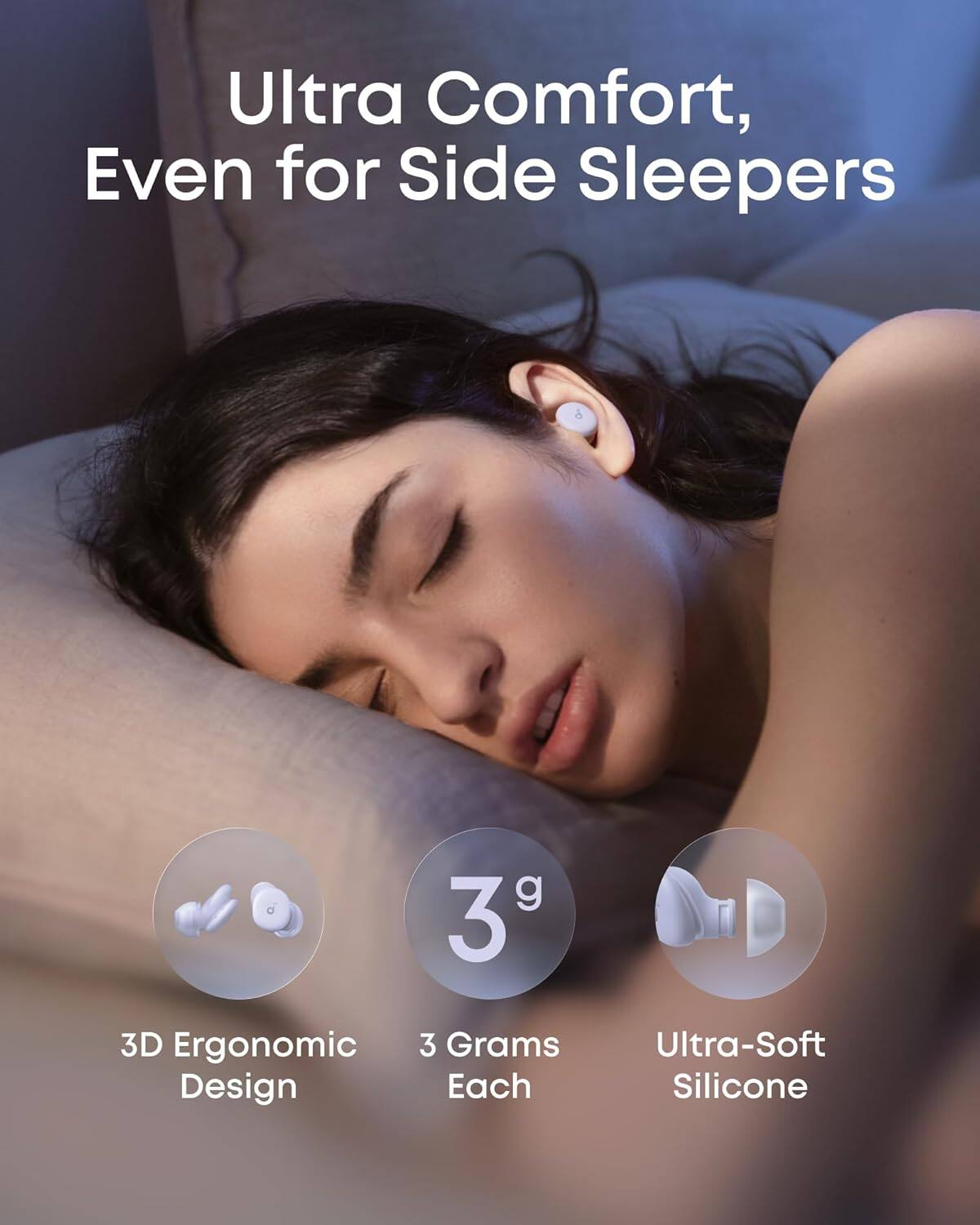 Ultra Comfort, Even for Side Sleepers  
3D Ergonomic Design  
3 Grams Each  
Ultra-Soft Silicone