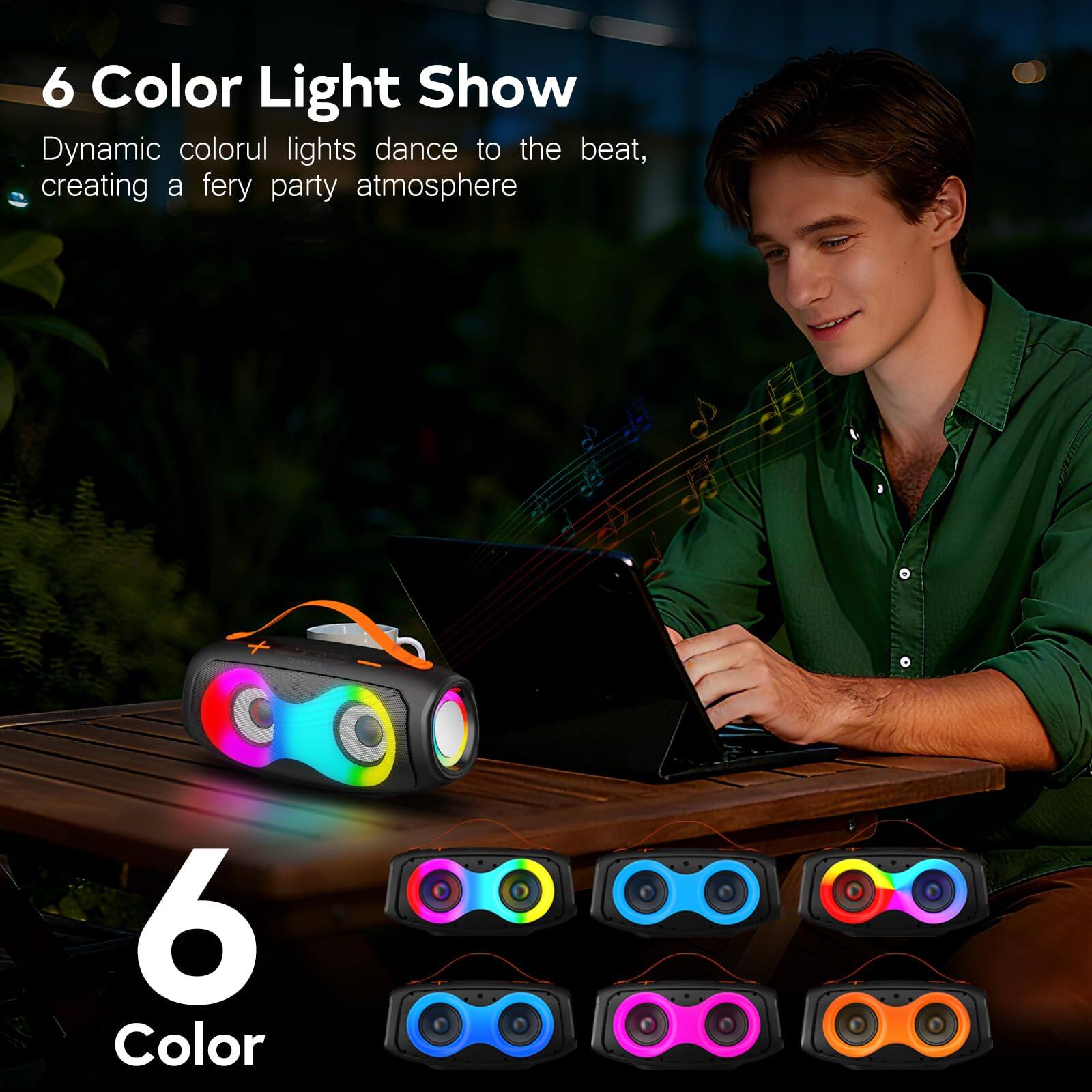 6 Color Light Show  
Dynamic colorful lights dance to the beat, creating a fery party atmosphere  

6 Color