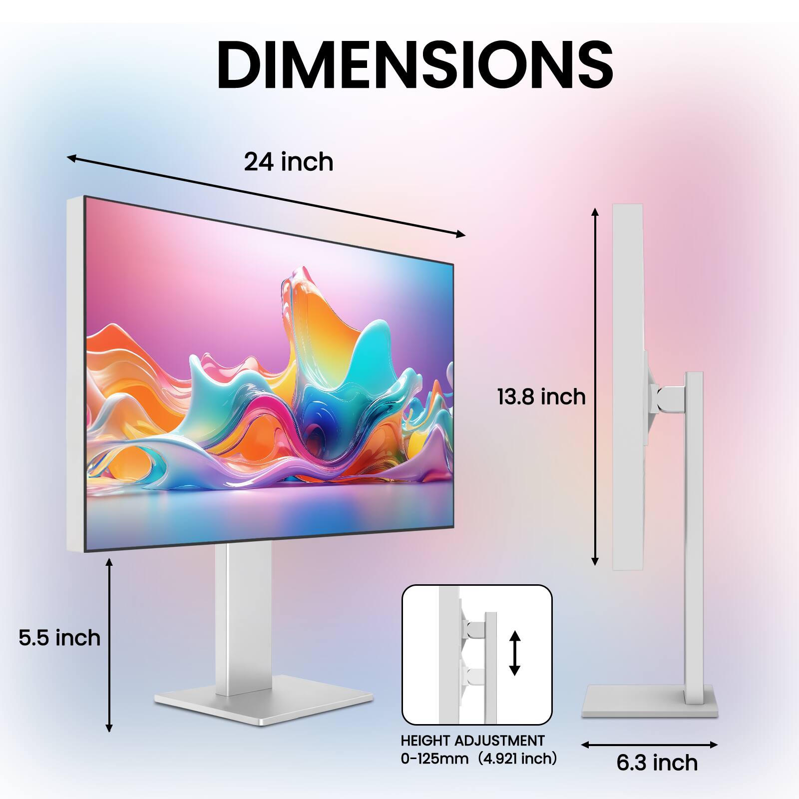 DIMENSIONS
24 inch
13.8 inch
5.5 inch
HEIGHT ADJUSTMENT 0-125mm (4.921 inch)
6.3 inch
