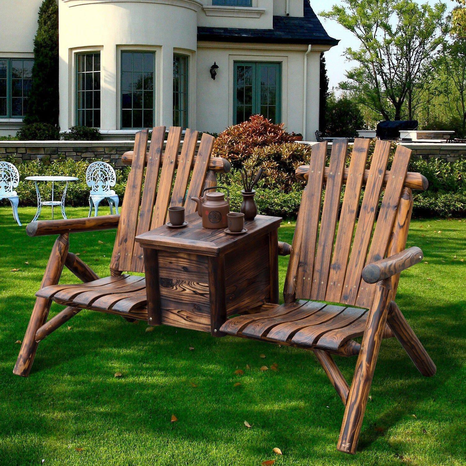 Alt View 1. Outsunny - Wooden Adirondack Chair with Ice Bucket, Outdoor Loveseat with High Backrest, Smooth Armrest - Rustic Brown.