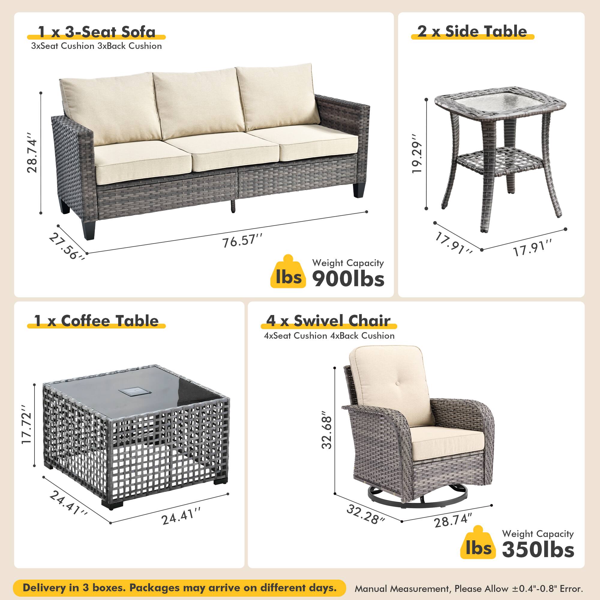 Alt View 1. Ovios - 8 PCS Patio Furniture, 3 Seat Sofa with Coffee Table, Swivel Chairs with Side Table for Yard - Beige.