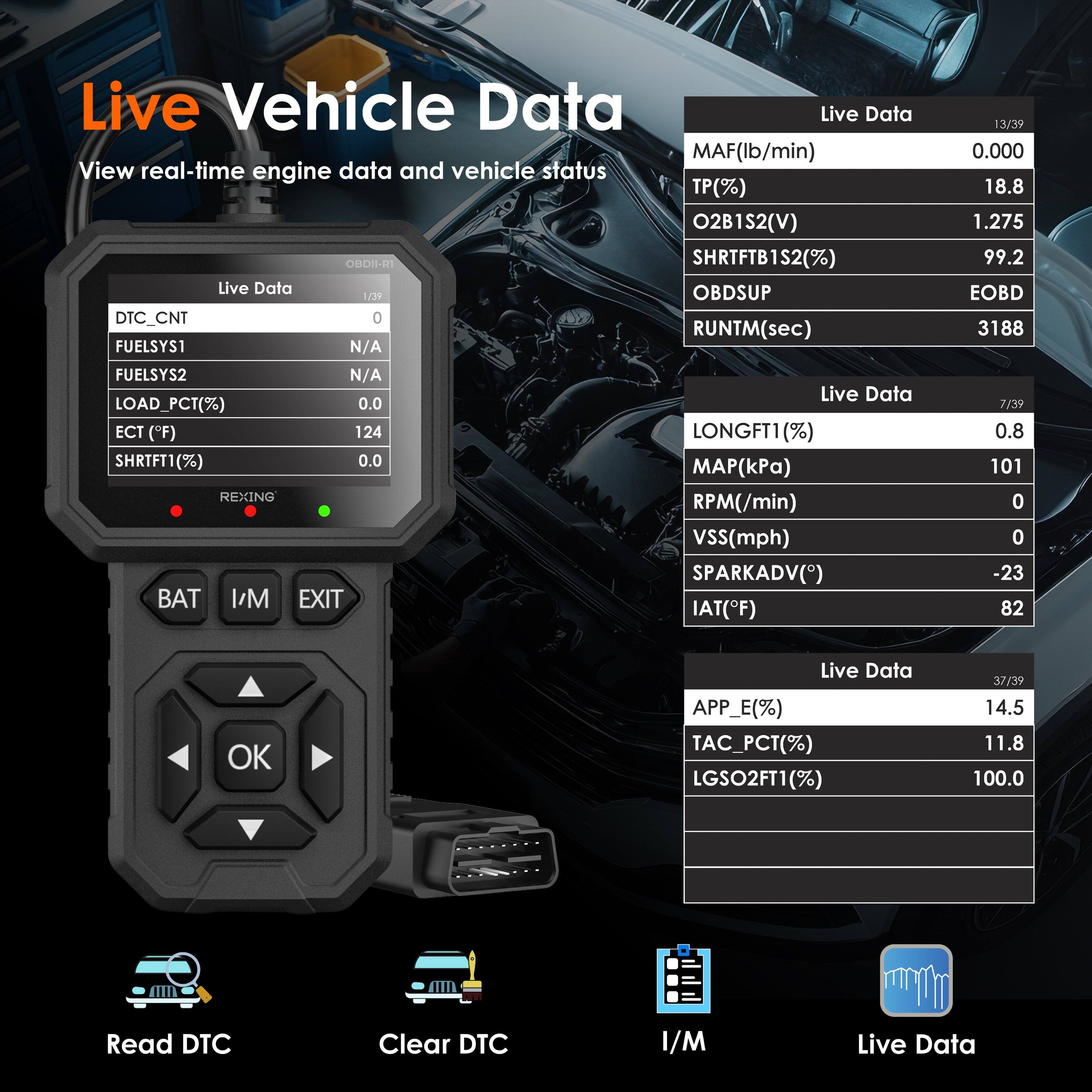 Live Vehicle Data  
View real-time engine data and vehicle status

Live Data  
DTC_CNT: 0  
FUELSYS1: N/A  
FUELSYS2: N/A  
LOAD_PCT(%): 0.0  
ECT (*F): 124  
SHRTFT1(%): 0.0  

Live Data  
MAF(lb/min): 0.000  
TP(%): 18.8  
O2B1S2(V): 1.275  
SHRTFTB1S2(%): 99.2  
OBDSUP: EOBD  
RUNTM(sec): 3188  

Live Data  
LONGFT1 (%): 0.8  
MAP(kPa): 101  
RPM(/min): 0  
vSS(mph): 0  
SPARKADV(): -23  
IAT(F): 82  

Live Data  
APP_E(%): 14.5  
TAC_PCT(%): 11.8  
LGSO2FT1(%): 100.0  

Read DTC  
Clear DTC  
I/M  
Live Data