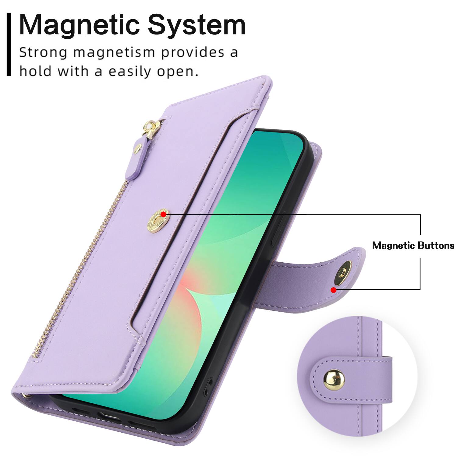 Magnetic System  
Strong magnetism provides a hold with a easily open.  
Magnetic Buttons