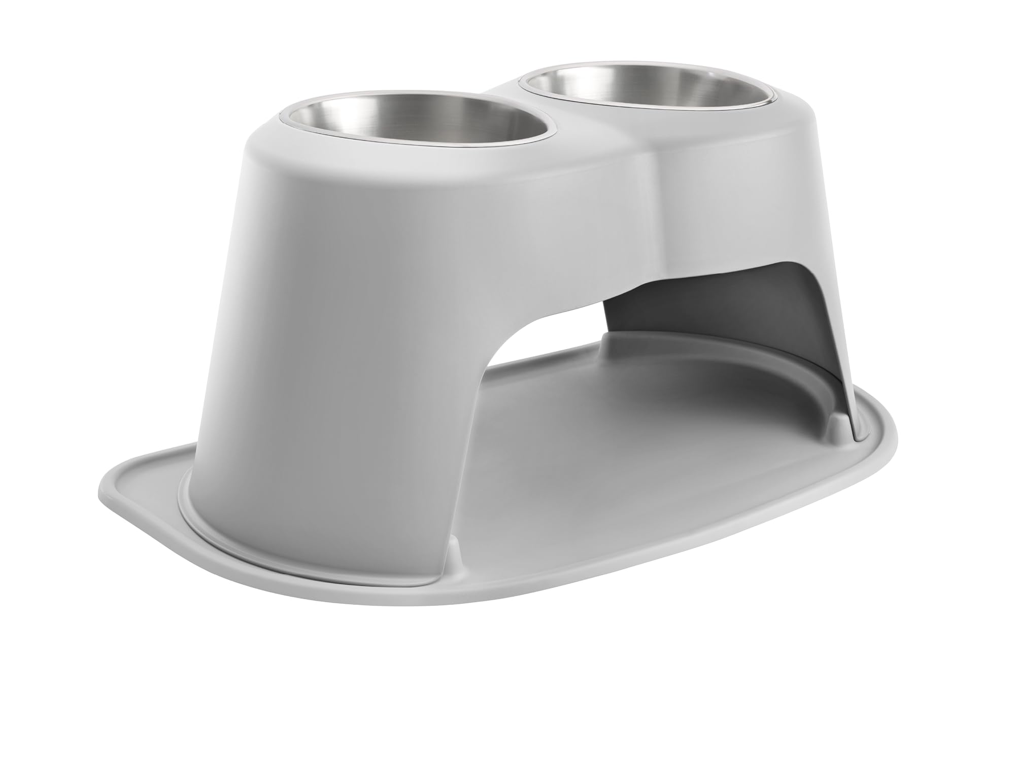 Front. WeatherTech - Double High Pet Feeding System | Elevated Pet Bowls - 14 " High Light Grey- 96oz (12 Cup) Stainless Steel Bowls - Light Grey.