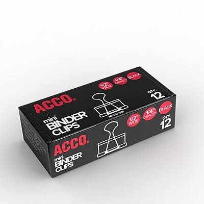 ACCO mini BINDER CLIPS  
1/2" WIDE  
1/4" CAPACITY  
12 BLACK CLIPS  

ACCO mini BINDER CLIPS  
1/2" WIDE  
1/4" CAPACITY  
12 BLACK CLIPS