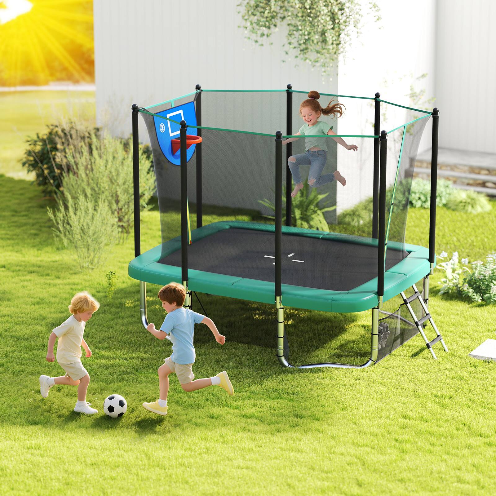 Alt View 1. Gymax - Gymax 10 x 8 FT Heavy-Duty Trampoline w/Basketball Hoop Soccer Goal Non-Slip Ladder Green - Green.