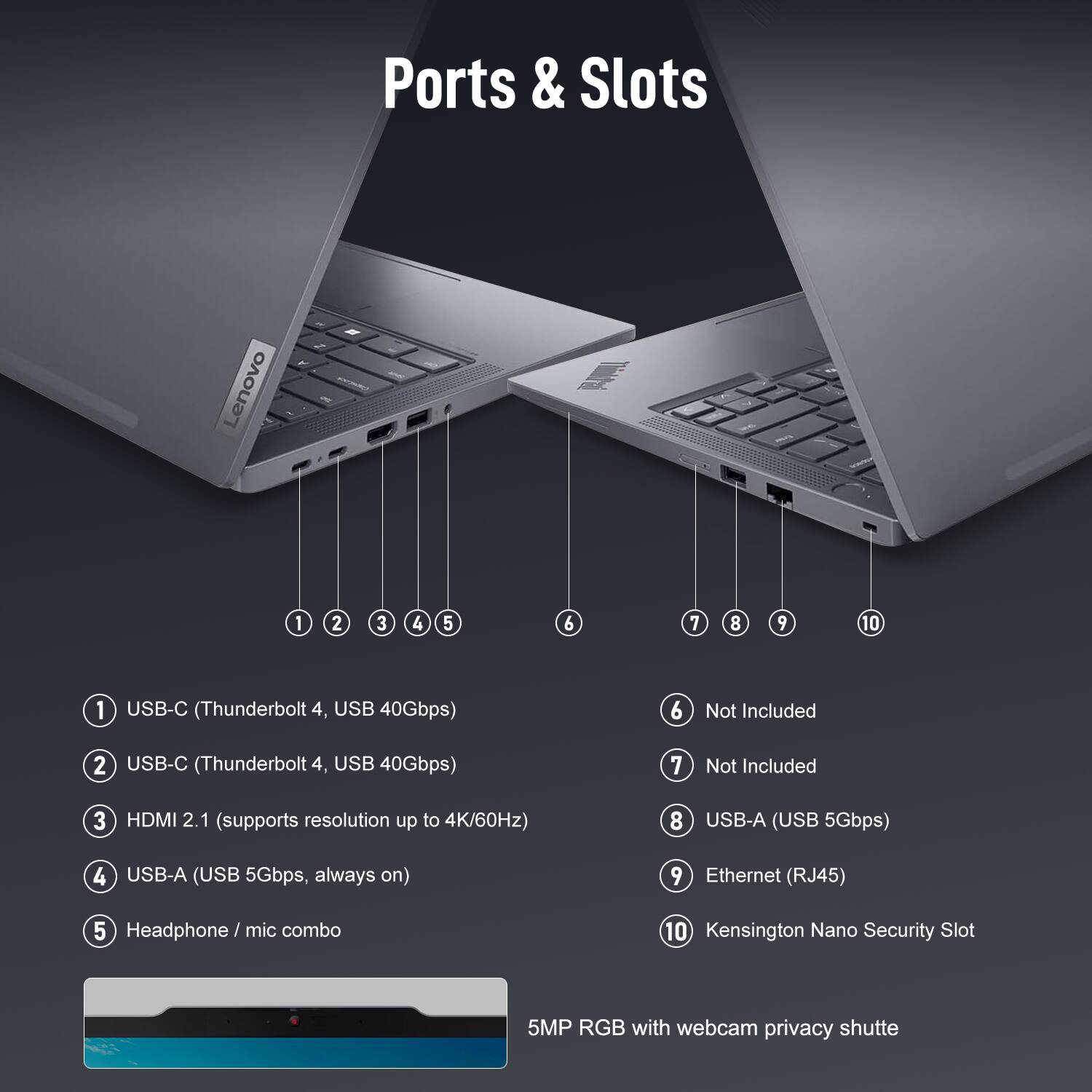 Ports & Slots

1. USB-C (Thunderbolt 4, USB 40Gbps)
2. USB-C (Thunderbolt 4, USB 40Gbps)
3. HDMI 2.1 (supports resolution up to 4K/60Hz)
4. USB-A (USB 5Gbps, always on)
5. Headphone / mic combo
6. Not Included
7. Not Included
8. USB-A (USB 5Gbps)
9. Ethernet (RJ45)
10. Kensington Nano Security Slot

5MP RGB with webcam privacy shutter