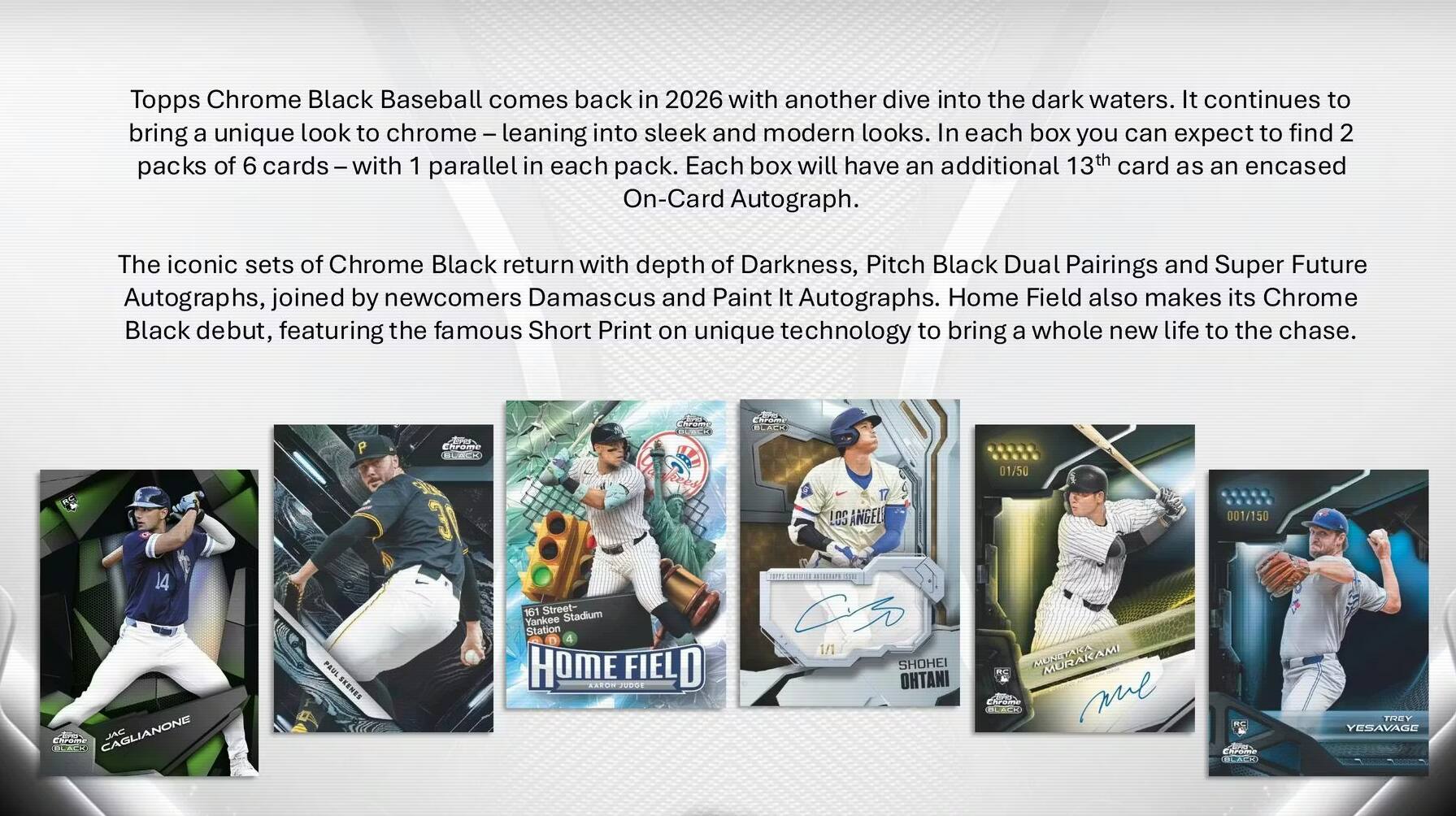 Topps Chrome Black Baseball comes back in 2026 with another dive into the dark waters. It continues to bring a unique look to chrome – leaning into sleek and modern looks. In each box you can expect to find 2 packs of 6 cards – with 1 parallel in each pack. Each box will have an additional 13th card as an encased On-Card Autograph. The iconic sets of Chrome Black return with depth of Darkness, Pitch Black Dual Pairings and Super Future Autographs, joined by newcomers Damascus and Paint It Autographs. Home Field also makes its Chrome Black debut, featuring the famous Short Print on unique technology to bring a whole new life to the chase.