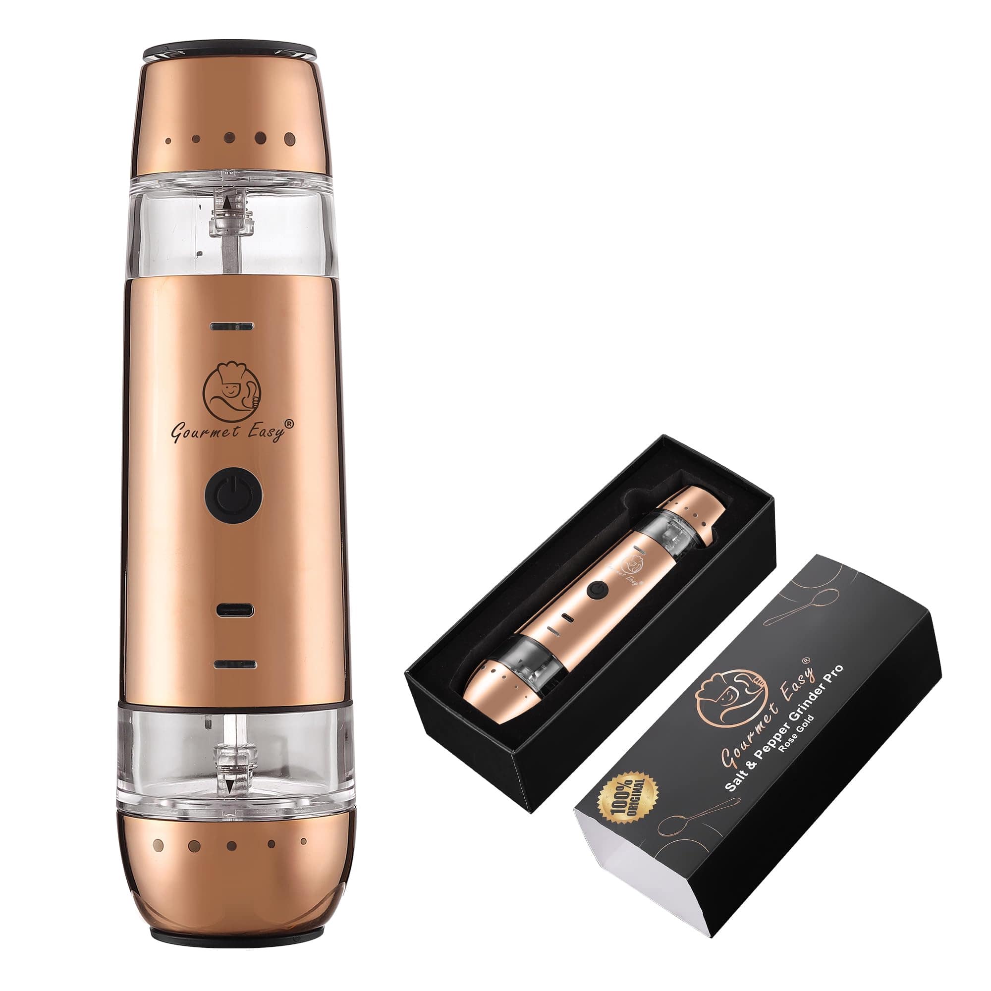 Gourmet Easy - 2 in 1 Electric Salt and Pepper Grinder Set, Rechargeable with USB-C, Automatic Battery Operated Salt and Pepper Shakers - Rose Gold