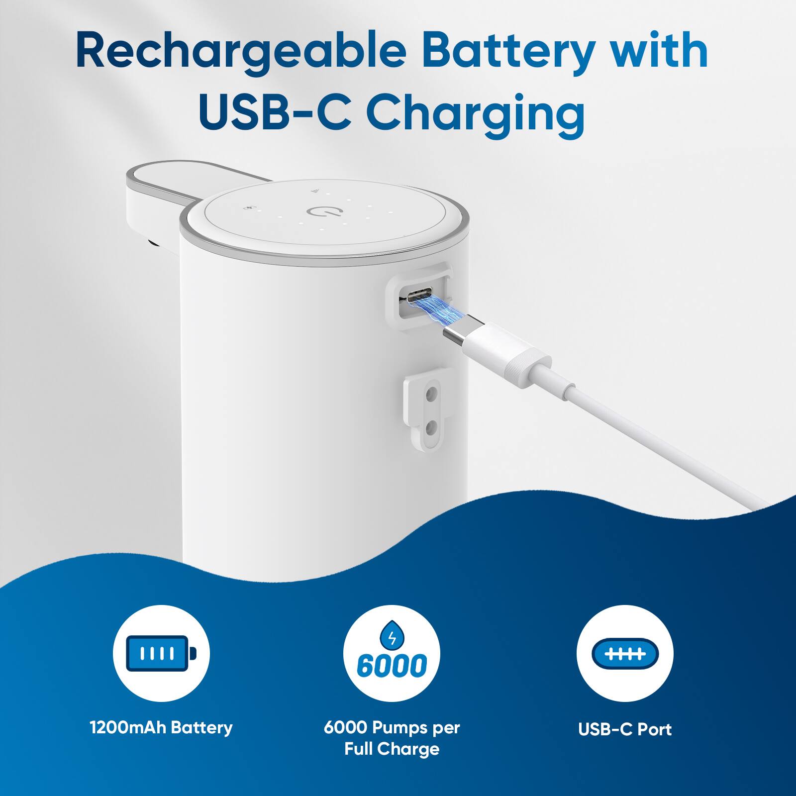 Rechargeable Battery with USB-C Charging

1200mAh Battery

6000 Pumps per Full Charge

USB-C Port