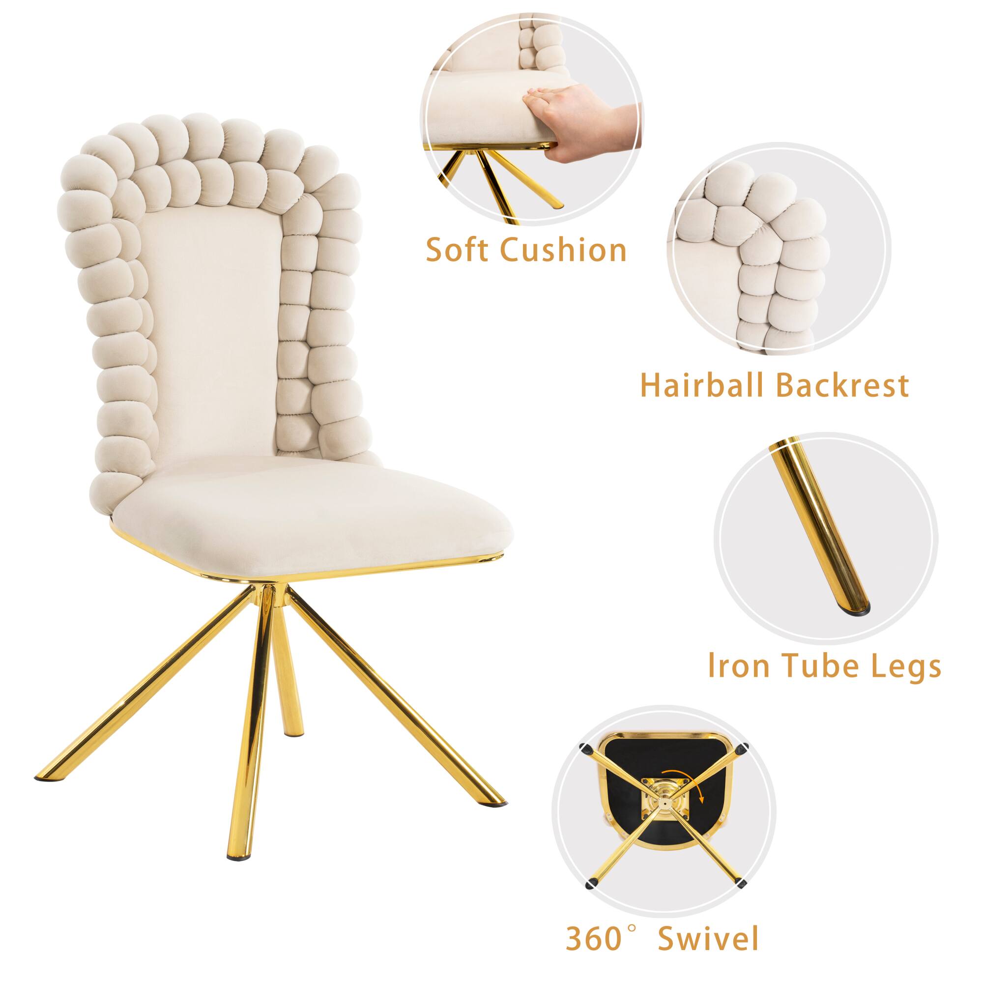 Soft Cushion  
Hairball Backrest  
Iron Tube Legs  
360° Swivel