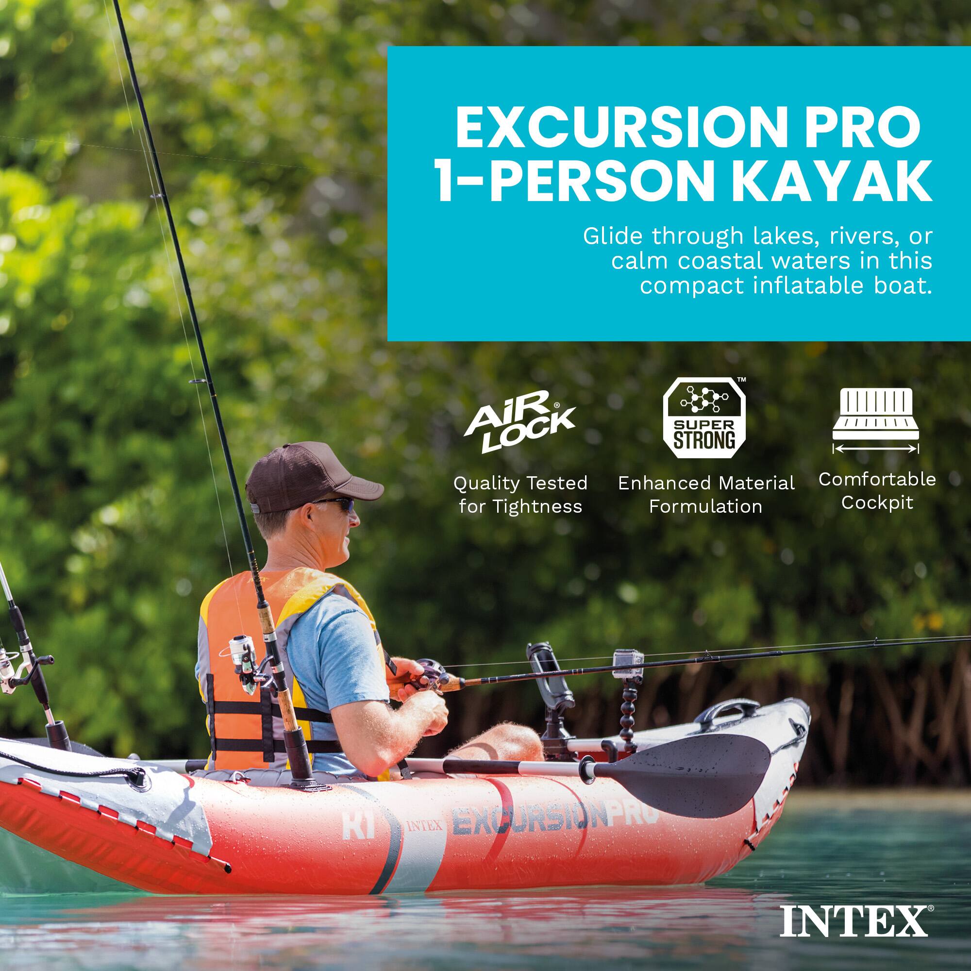 EXCURSION PRO 1-PERSON KAYAK  
Glide through lakes, rivers, or calm coastal waters in this compact inflatable boat.

- AIR LOCK  
  Quality Tested for Tightness

- SUPER STRONG  
  Enhanced Material Formulation

- Comfortable Cockpit

INTEX EXCURSION PRO