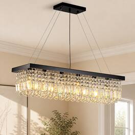 Siljoy - 31.5" 6-Light K9 Crystal Chandelier, Modern Adjustable E12 Pendant for Kitchen Island Dining Foyer - Black