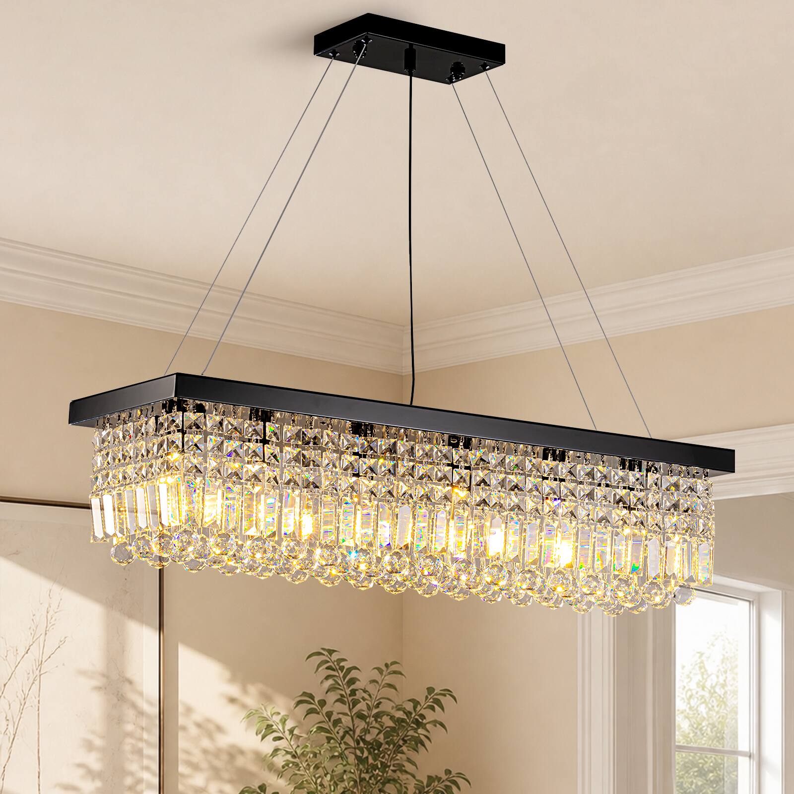 Front. Siljoy - 31.5" 6-Light Black K9 Crystal Chandelier, Modern Adjustable E12 Pendant for Kitchen Island Dining Foyer - BLACK.