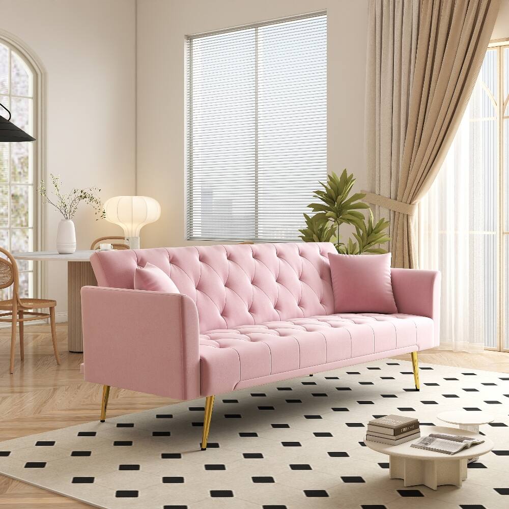 Back. Loheer - Loheer Pink Sleeper Sofa Convertible 72 Inch Tufted Velvet Futon - Pink.