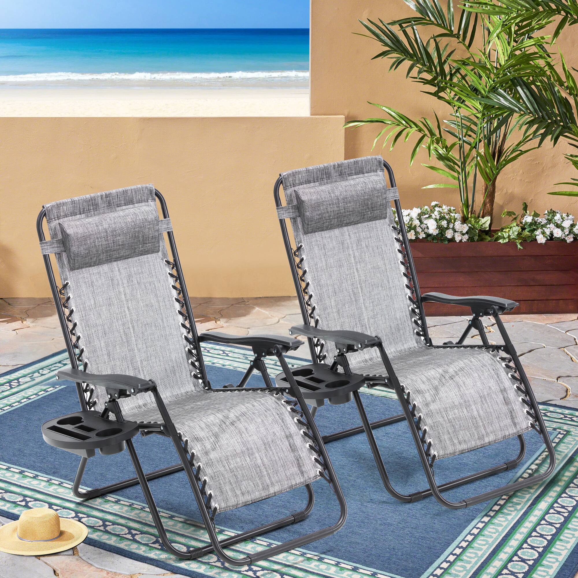 Alt View 5. U-HOMY - Zero Gravity Reclining Lounge Chair Set of 2 Outdoor Folding Recliners with Cup Holder and Weather Resistant Fabric - Ice Grey.
