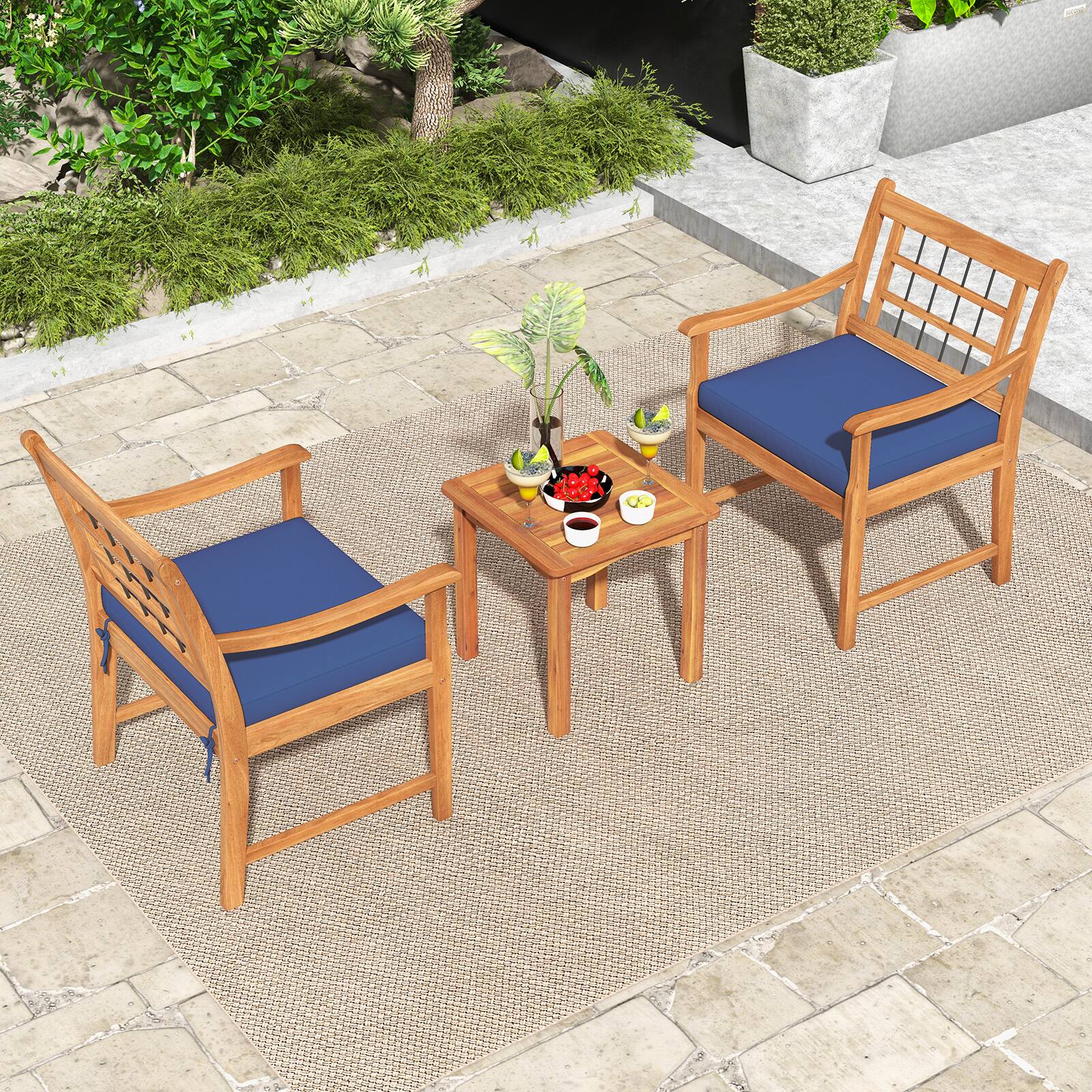 Alt View 2. SlickBlue - Patio Furniture Set 3-Piece with Acacia Wood Frame and Cushioned Seats - Navy.