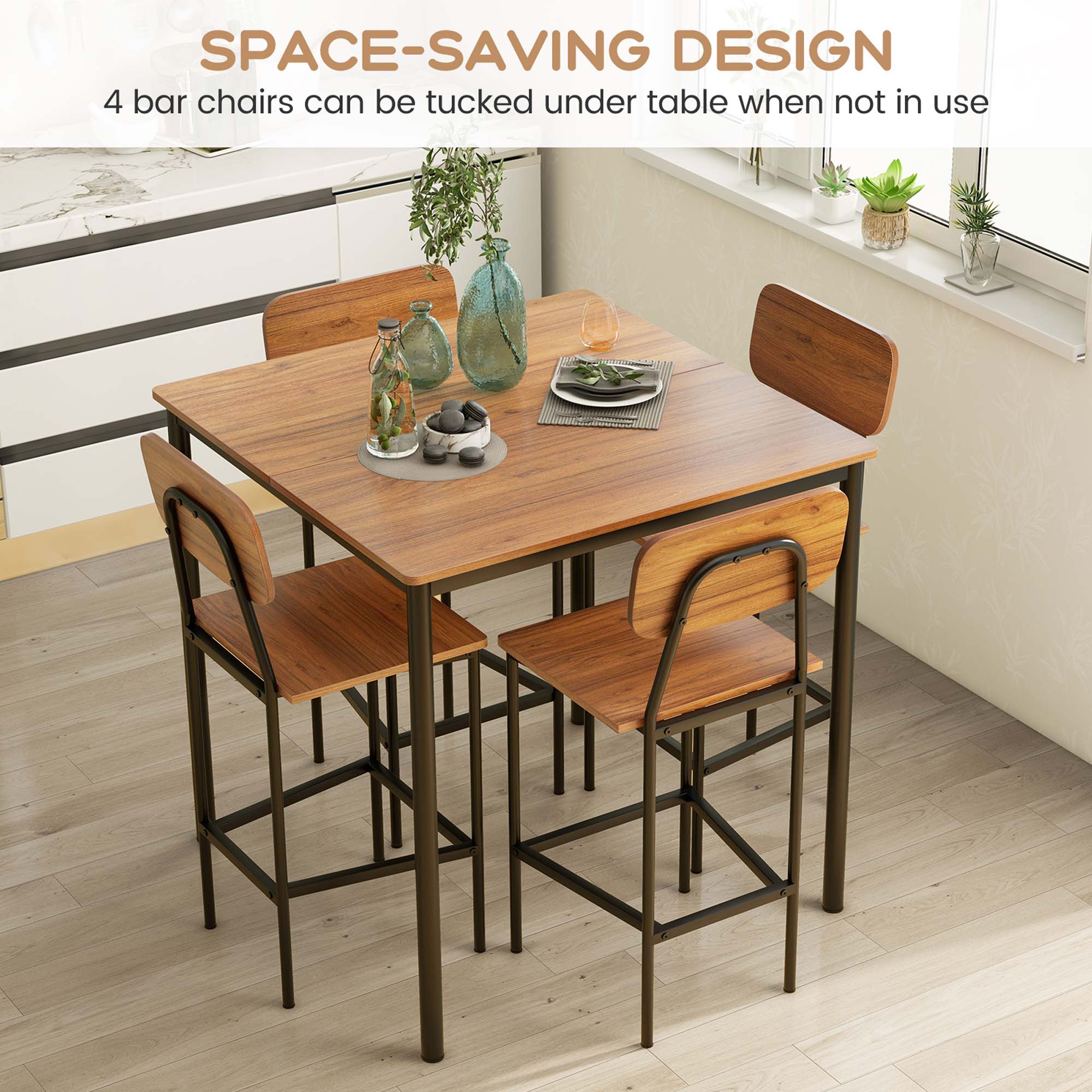 Space-saving design: 4 bar chairs can be tucked under the table when not in use.