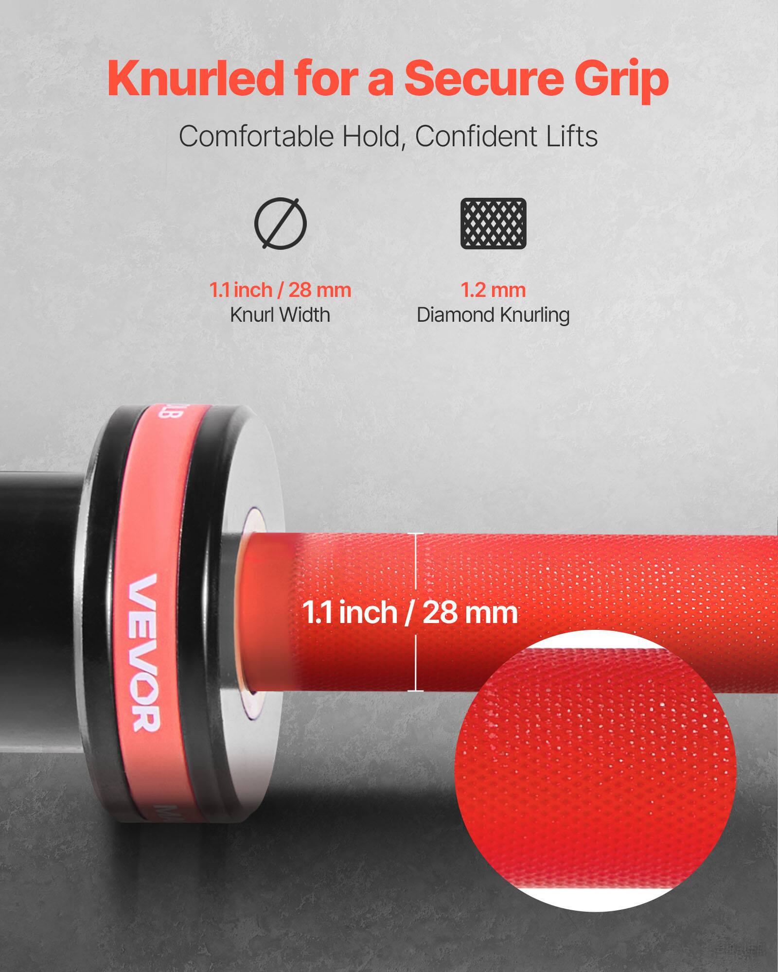 Knurled for a Secure Grip  
Comfortable Hold, Confident Lifts  

1.1 inch / 28 mm  
Knurl Width  

1.2 mm  
Diamond Knurling  

1.1 inch / 28 mm
