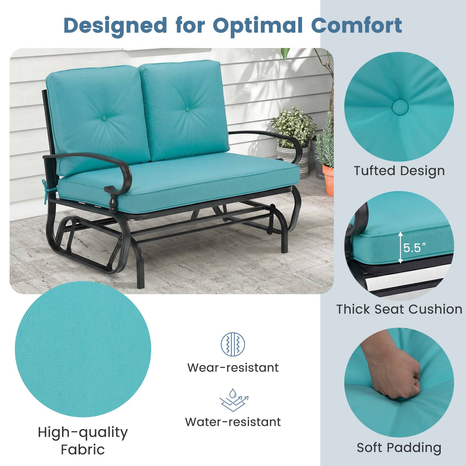 Designed for Optimal Comfort

- Tufted Design
- 5.5" Thick Seat Cushion
- High-quality Fabric
- Wear-resistant
- Water-resistant
- Soft Padding