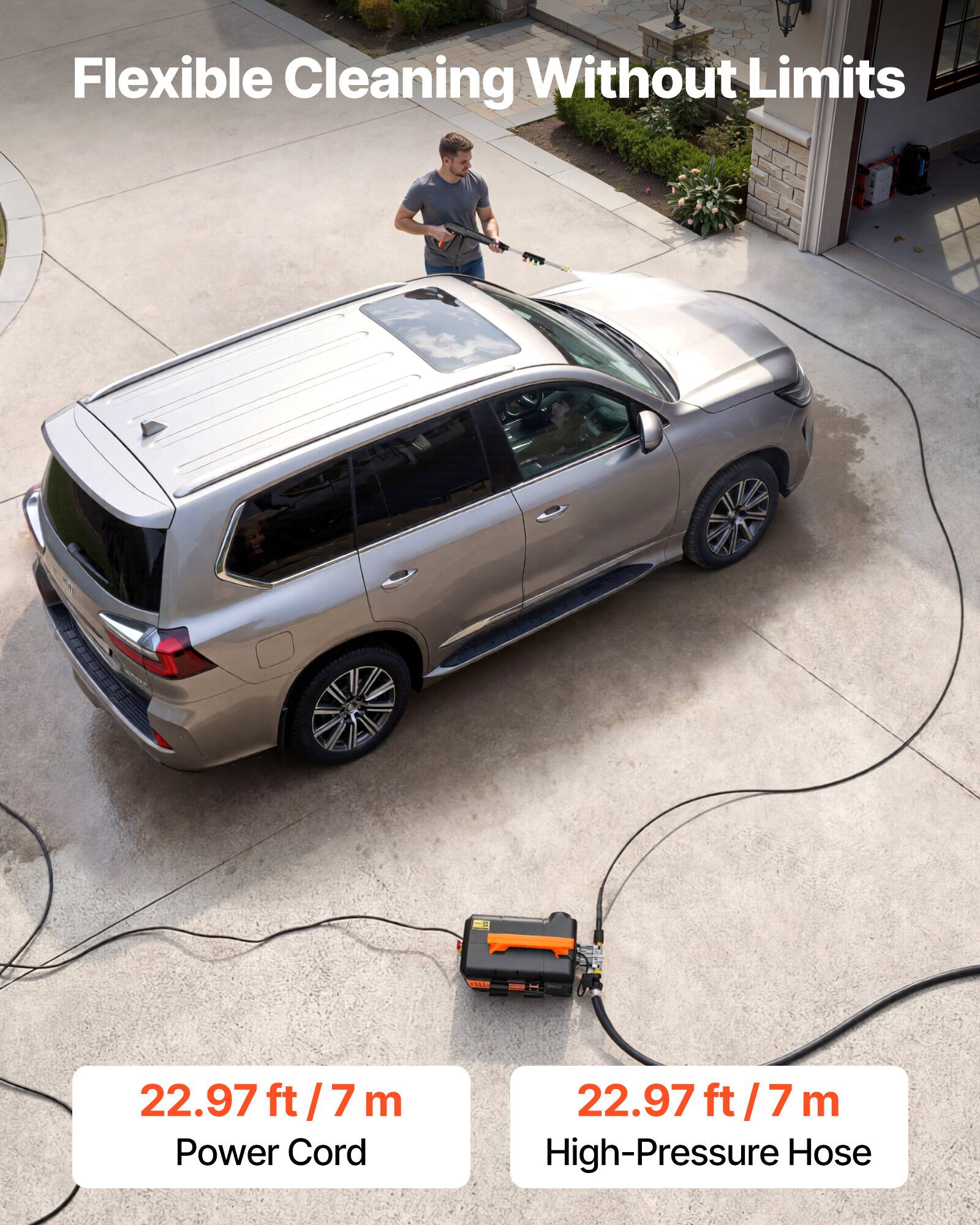 Flexible Cleaning Without Limits

22.97 ft / 7 m Power Cord

22.97 ft / 7 m High-Pressure Hose