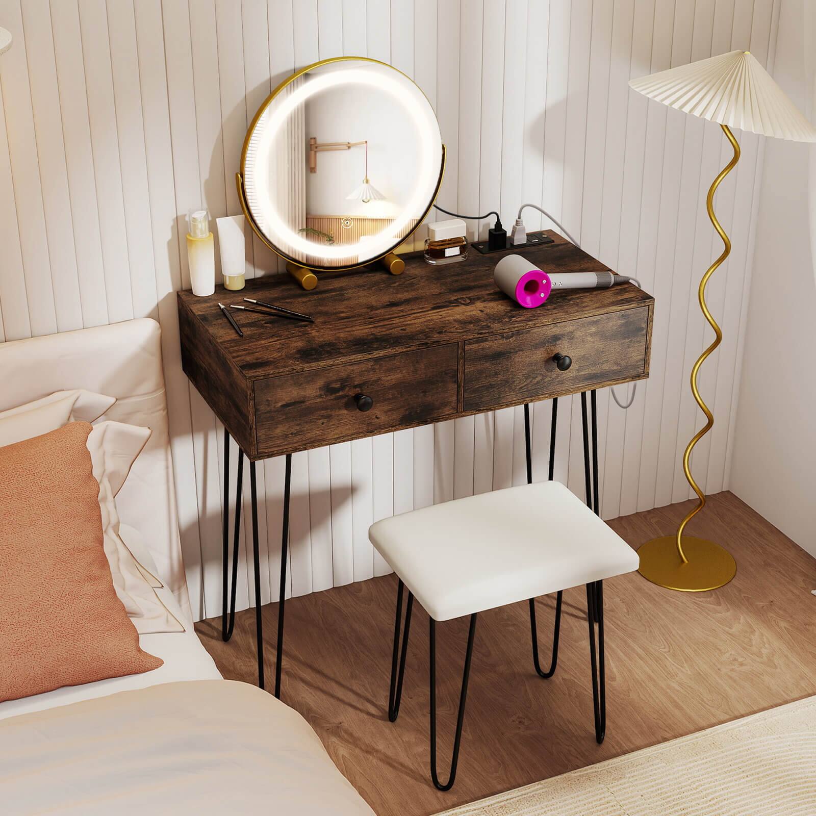 Alt View 3. Costway - Costway Vanity Desk with Mirror & Lights, Built-in Charging Station, 2 Drawers for Bedroom - Rustic Brown.