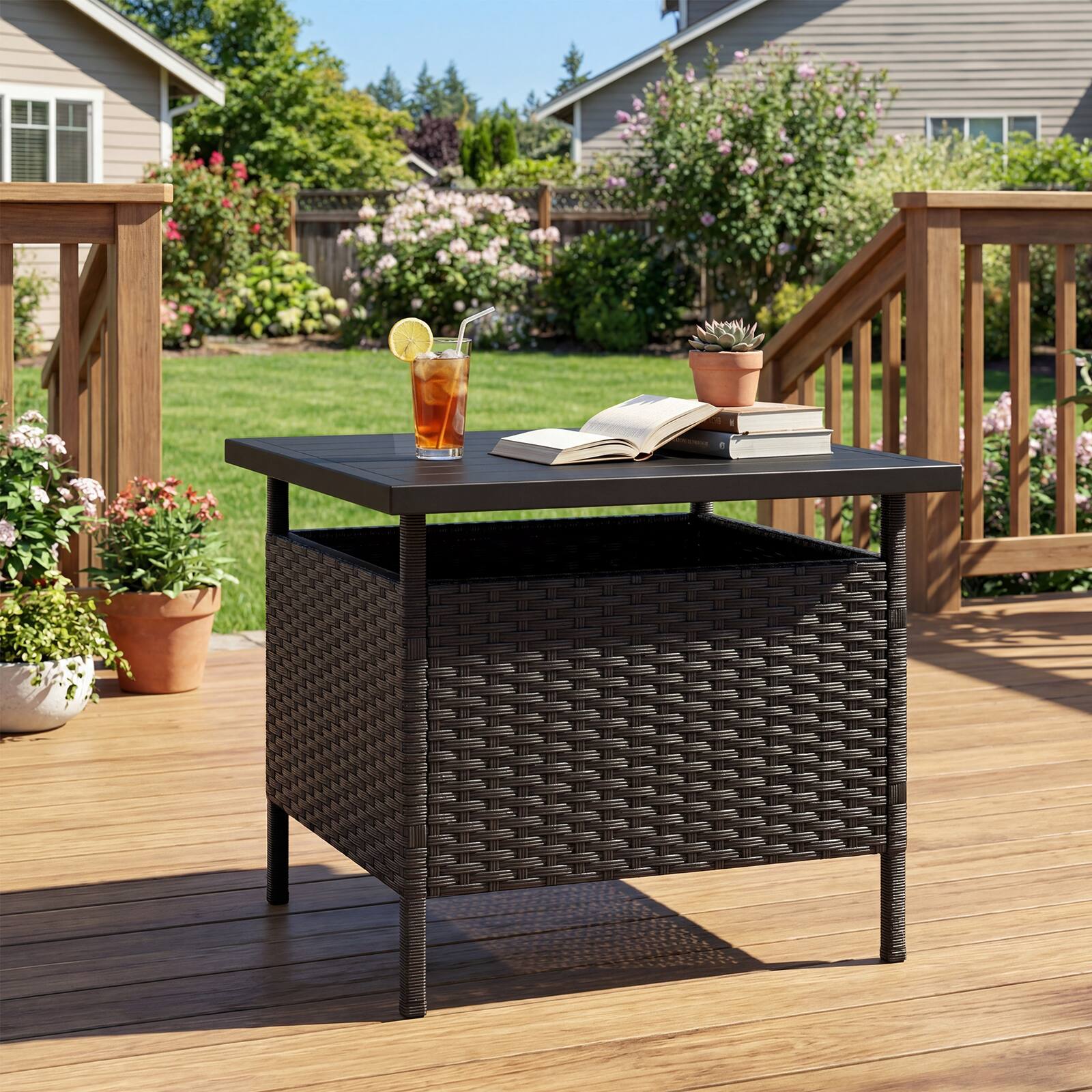 Alt View 1. Gymax - Gymax 22'' Patio Rattan Square Side End Table Garden Bistro Umbrella Stand Table W/Hole Black - Black.