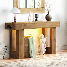 Front. Aheaplus - 47" Farmhouse Narrow Console Table - Socket, Sensor Light & Storage for Entryway/Hallway/Living Room - Natural Oak.