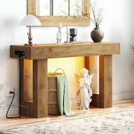 Aheaplus - 47" Farmhouse Narrow Console Table - Socket, Sensor Light & Storage for Entryway/Hallway/Living Room - Natural Oak