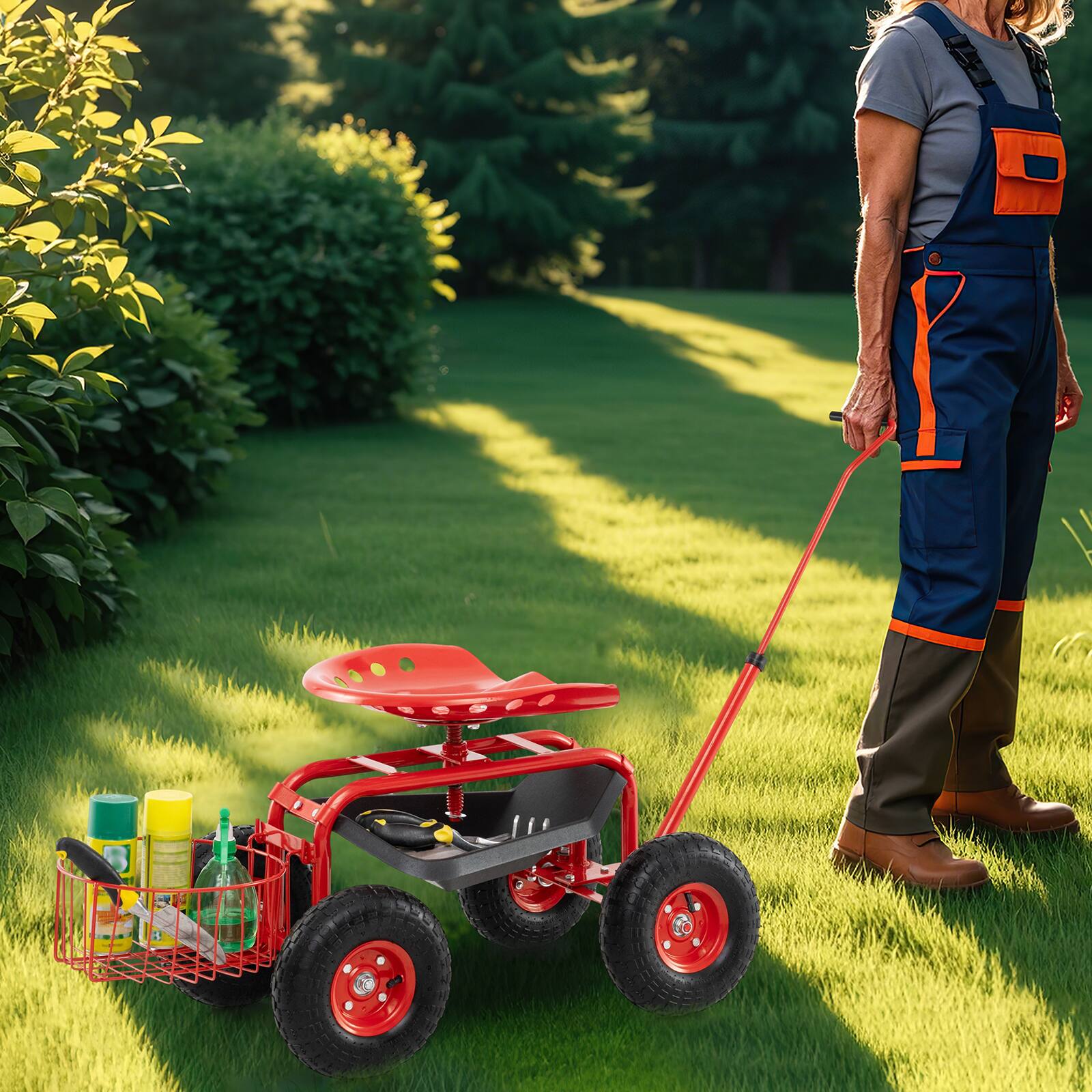 Alt View 4. Gymax - Gymax Rolling Garden Cart Scooter w/ Adjustable Seat Storage Basket Tray Red - Red.