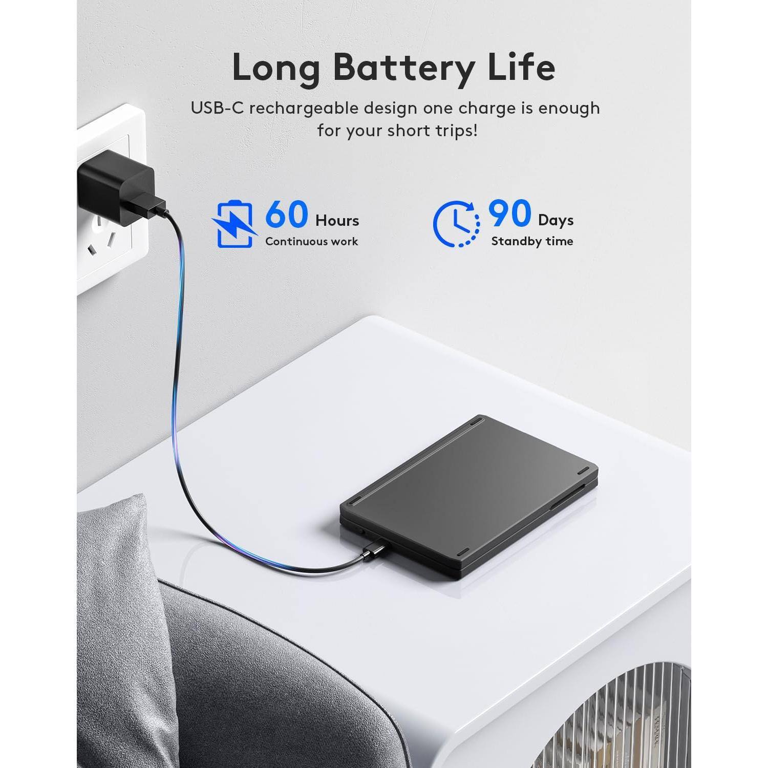 Long Battery Life

USB-C rechargeable design, one charge is enough for your short trips!

60 Hours Continuous work

90 Days Standby time