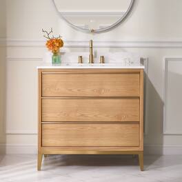 WELLFOR - 36" Freestanding Solid Wood Bathroom Vanity with Carrara White Quartz Vanity Top & 3 Soft-Close Drawers and Backsplash - Oak