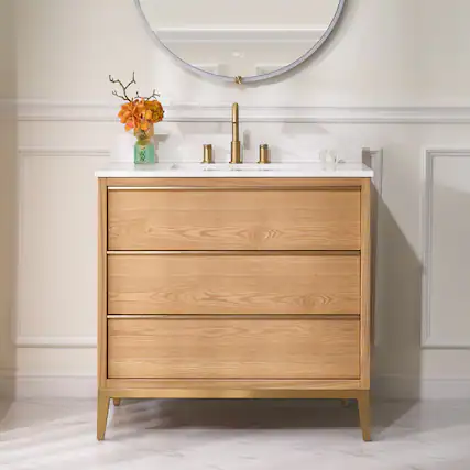 Front. WELLFOR - 36" Freestanding Solid Wood Bathroom Vanity with Carrara White Quartz Vanity Top & 3 Soft-Close Drawers and Backsplash - Oak.