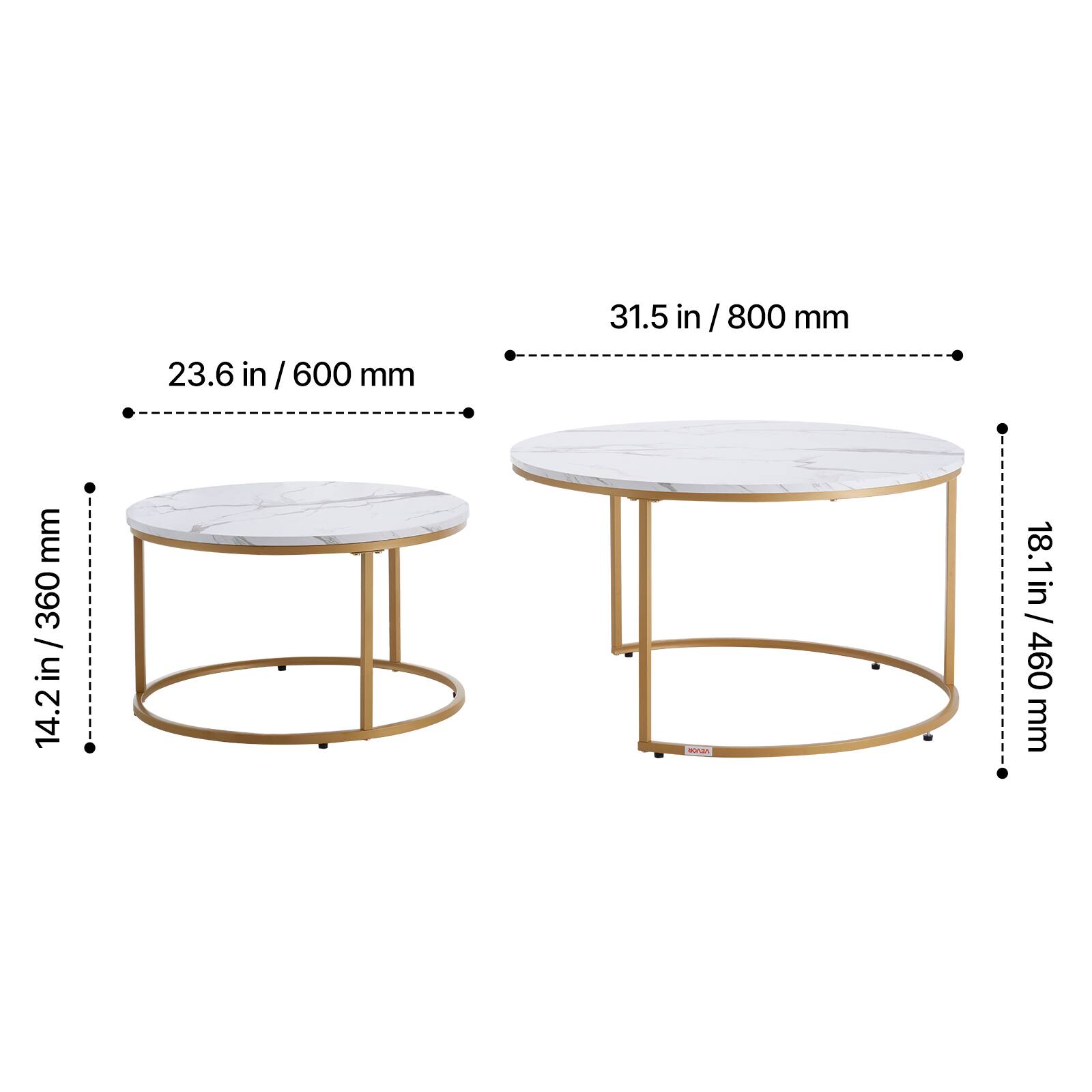 23.6 in / 600 mm, 31.5 in / 800 mm, 18.1 in / 460 mm, 14.2 in / 360 mm