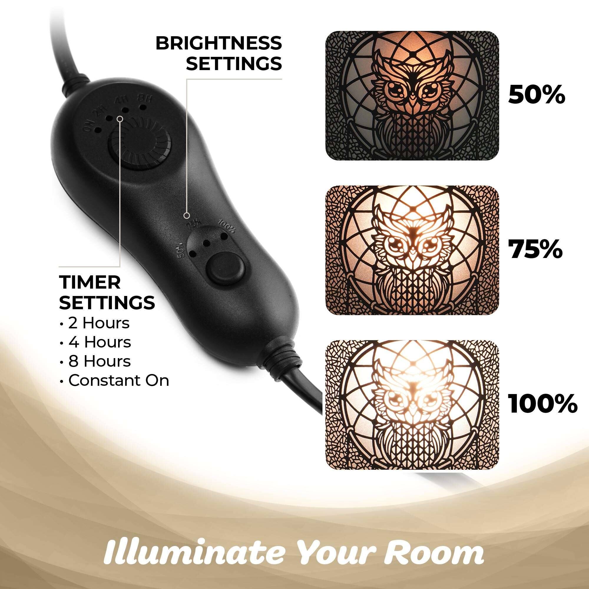 BRIGHTNESS SETTINGS  
- 50%  
- 75%  
- 100%  

TIMER SETTINGS  
- 2 Hours  
- 4 Hours  
- 8 Hours  
- Constant On  

Illuminate Your Room
