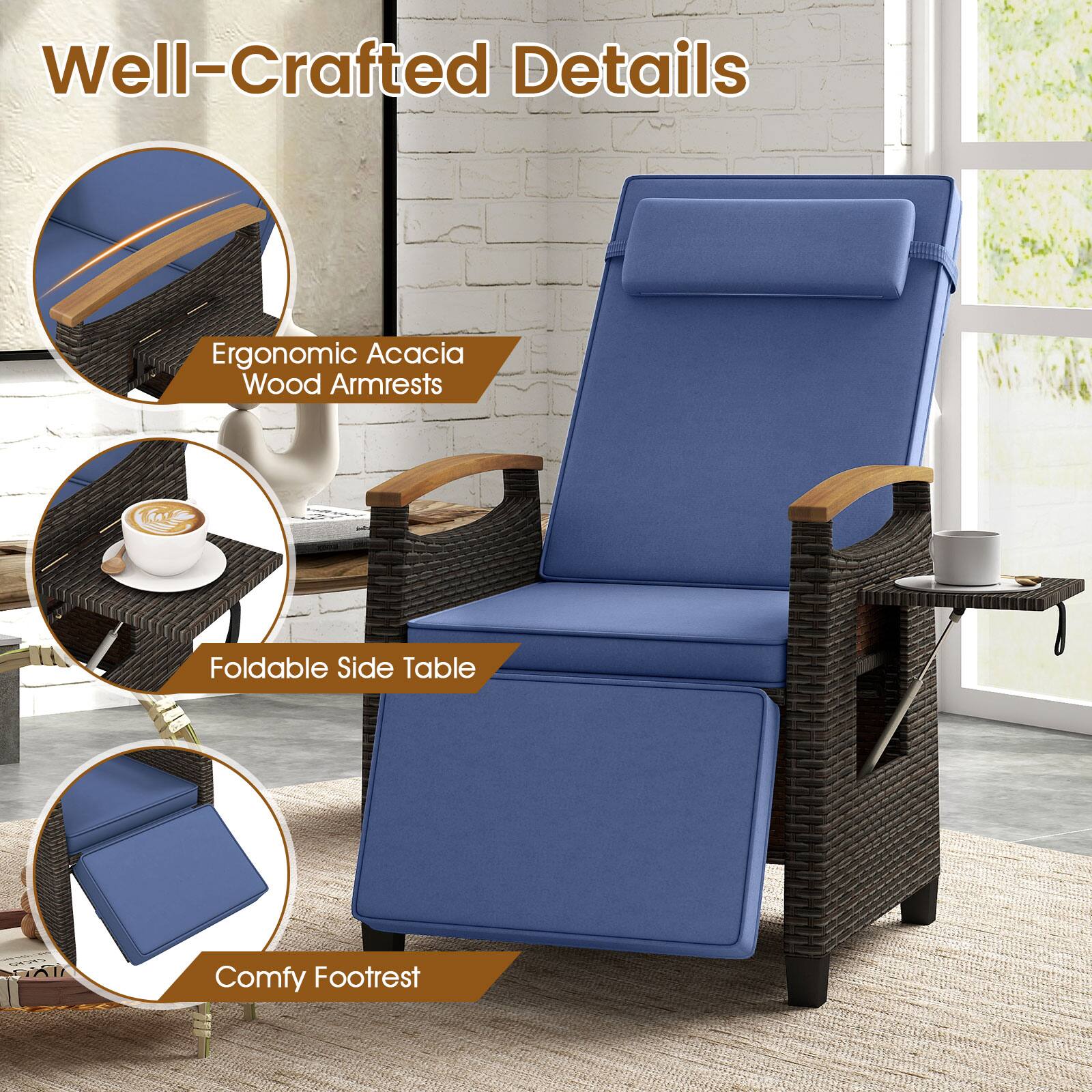 Well-Crafted Details, Ergonomic Acacia Wood Armrests, Foldable Side Table, Comfy Footrest