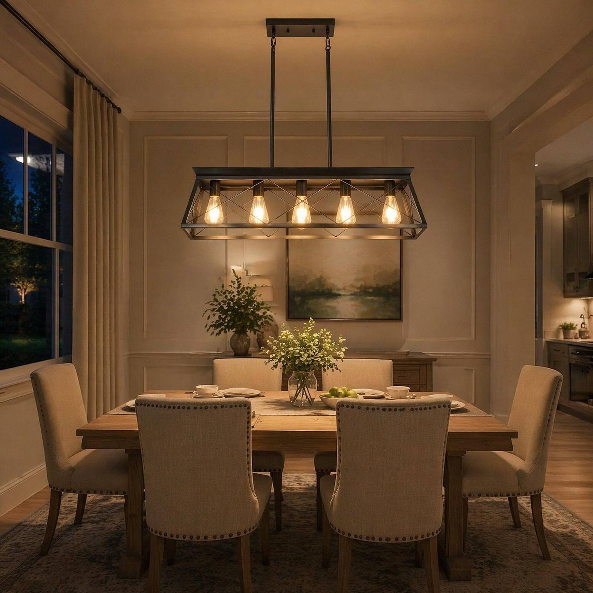 Left. RYHNUYNE - 32 in. Black Industrial 5-Light Pendant Chandelier, Kitchen Island Lighting for Dining Room - Black.