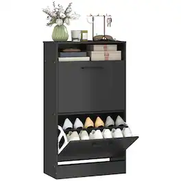 Homcom - Cabinet 2 Flip Drawers Adjustable Dividers Shoe Storage Cabinet Top Shelf Entryway - Black