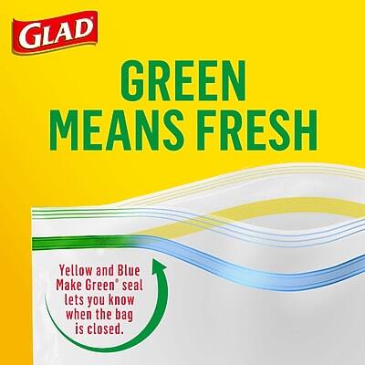 GLAD  
GREEN MEANS FRESH  

Yellow and Blue Make Green* seal lets you know when the bag is closed.