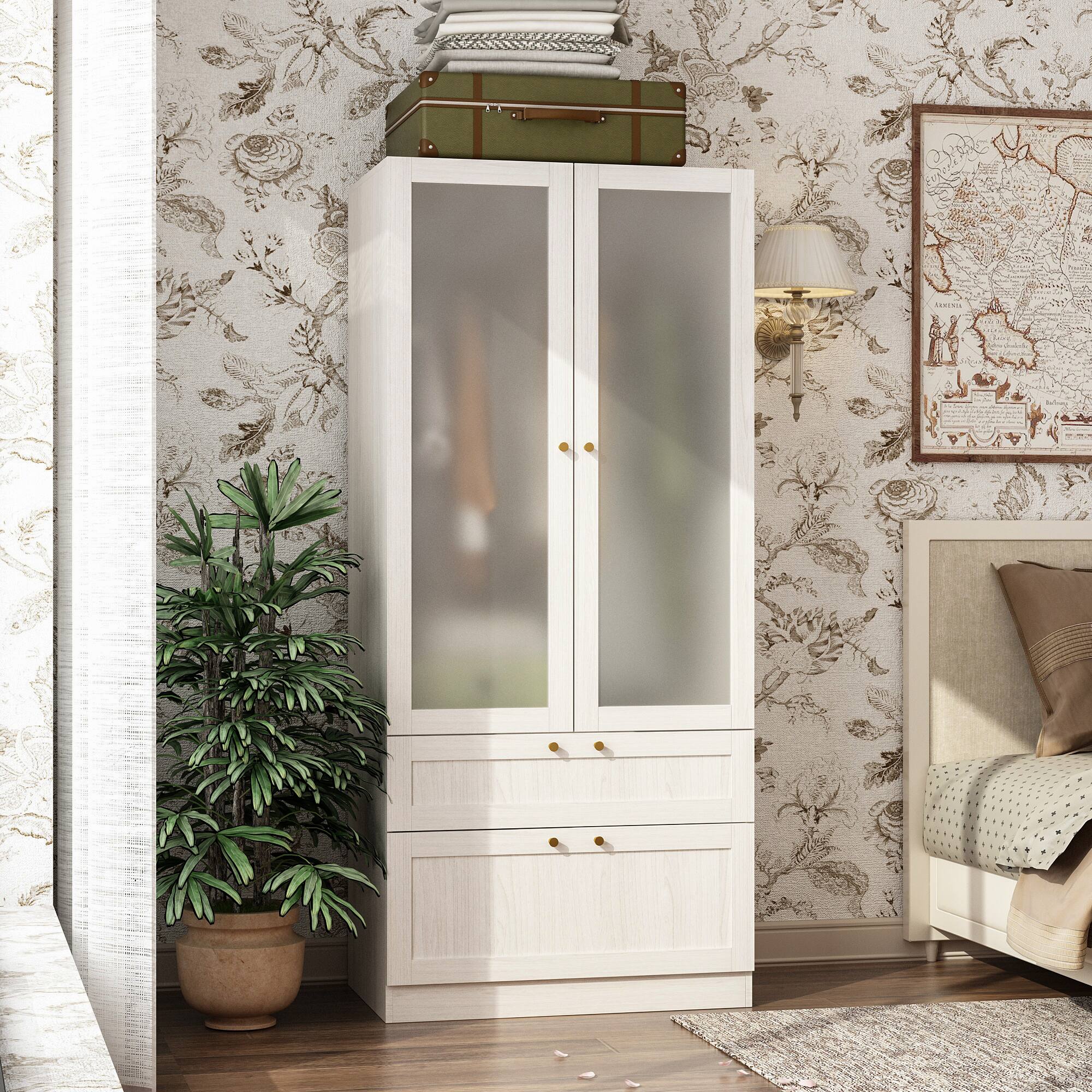 Left. FUFU&GAGA - FUFU&GAGA Wardrobe with Frosted Glass Doors, Drawers & Anti - Tip - White.