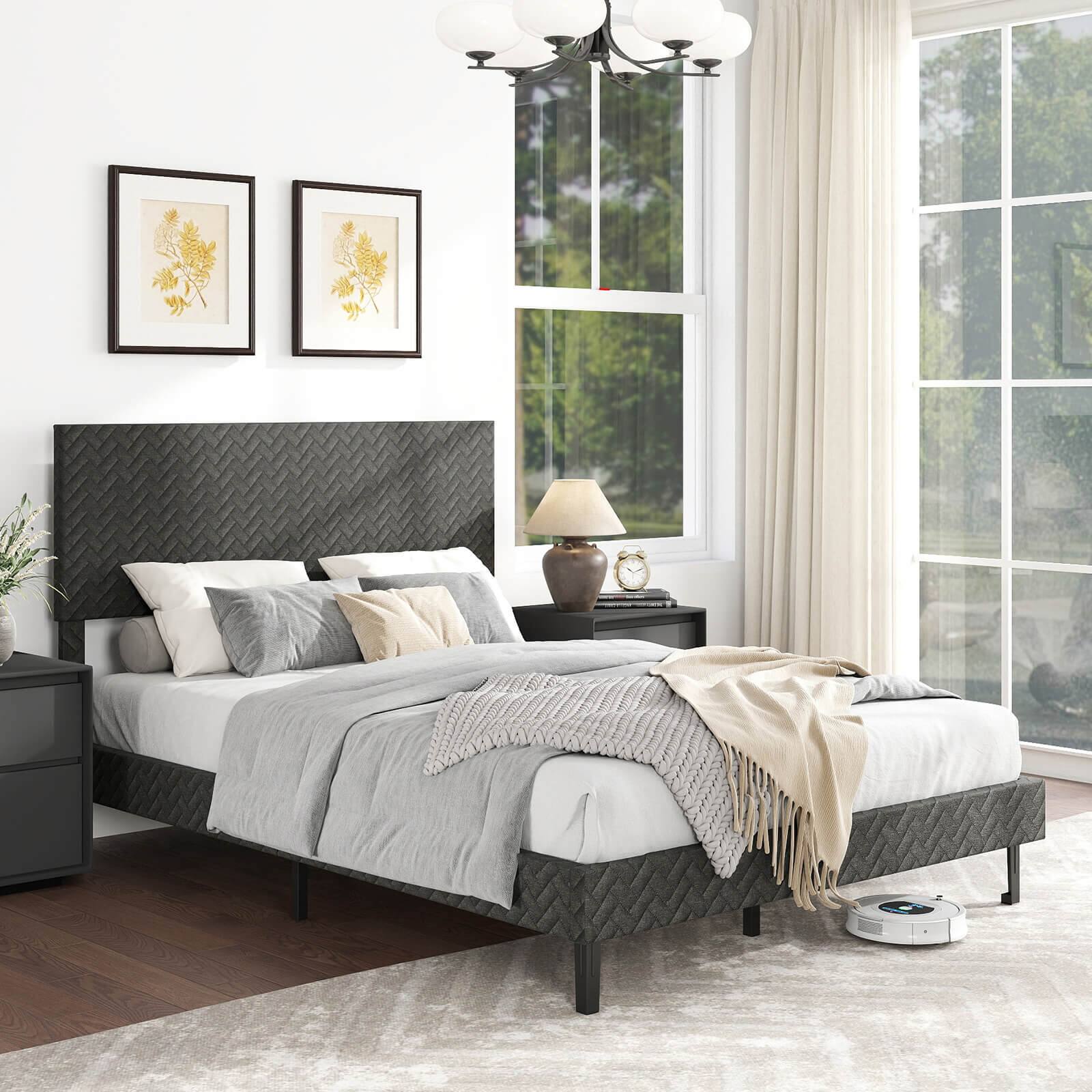 Alt View 4. Costway - Costway Full Size Bed Frame with Height Adjustable Chevron Headboard, No Box Spring Needed - Gray.