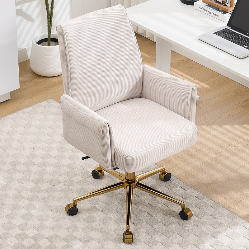 HTUTWOO - Ergonomic Mid-Back Liftable Office Chair, Golden Metal Base, Memory Foam Cushion | for Home Office, Study, Work - White