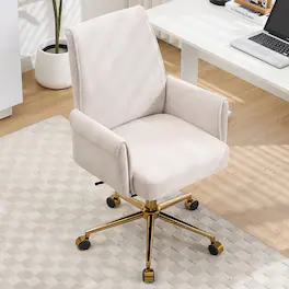 HTUTWOO - Ergonomic Mid-Back Liftable Office Chair, Golden Metal Base, Memory Foam Cushion | for Home Office, Study, Work - White