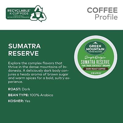 **COFFEE Profile**

**SUMATRA RESERVE**

Explore the complex flavors that thrive in the dense mountains of Indonesia. A deliciously dark body conjures a heady aroma of brown sugar and warm spices for a bold, sultry experience.

- **ROAST:** Dark
- **BEAN TYPE:** 100% Arabica
- **KOSHER:** Yes

**GREEN MOUNTAIN COFFEE ROASTERS**
Single Origin SUMATRA RESERVE
FAIR TRADE CERTIFIED ORGANIC DARK ROAST COFFEE
KEURIG

**RECYCLABLE K-CUP PODS**
NOT COMPOSTABLE