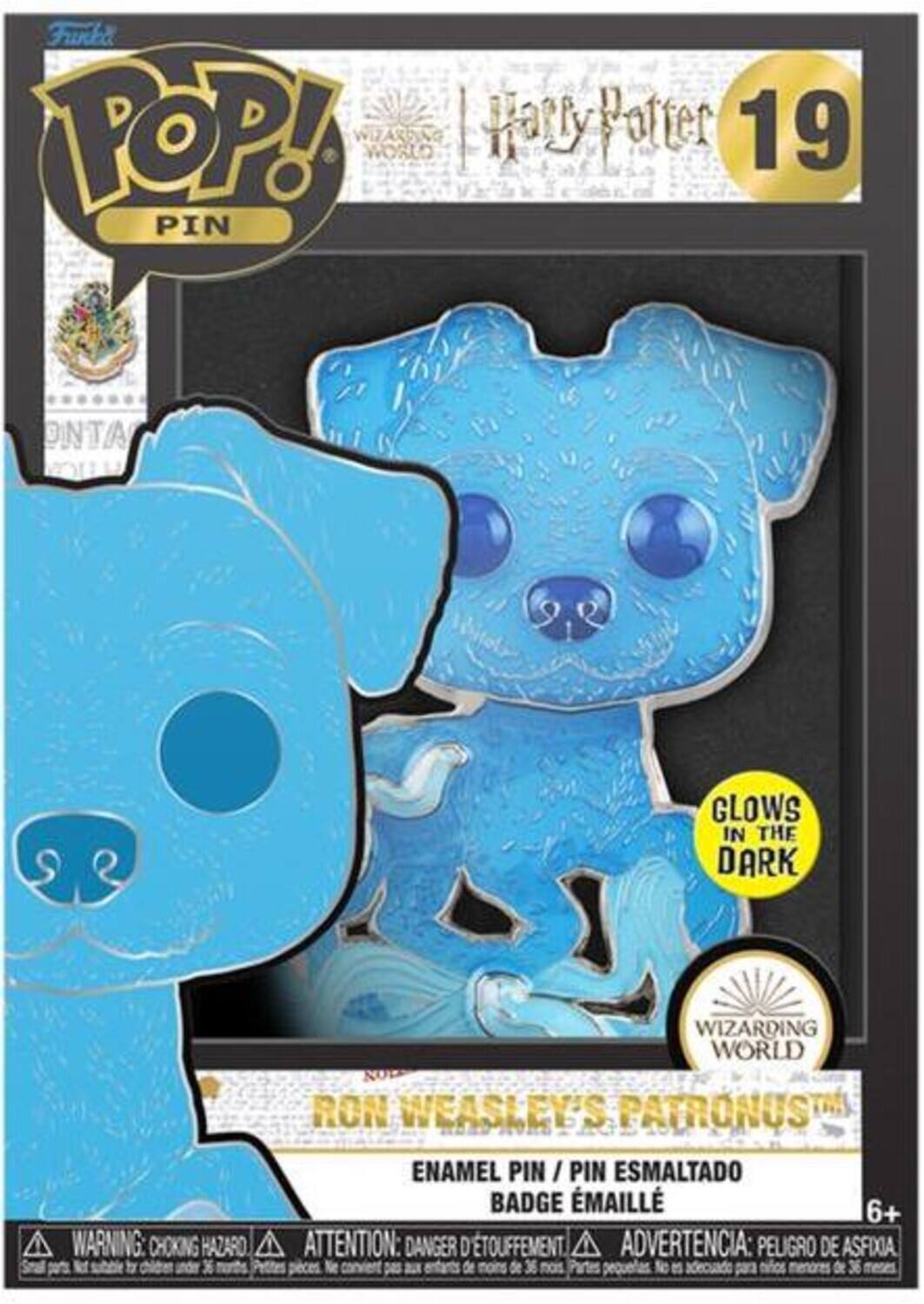 Funba POP! WIZARDING WORLD Harry Potter 19 PIN ONTAA GLOWS IN THE DARK WIZARDING WORLD WARNING: CHOKING HAZARD RON WEASLEY'S PATRONUS ENAMEL PIN/PIN ESMALTADO BADGE ÉMAILLÉ 6+ ATTENTION: DANGER D'ASFIXIEMENT ADVERTENCIA: PELIGRO DE ASFIXIA de Ne nios de 36 meses