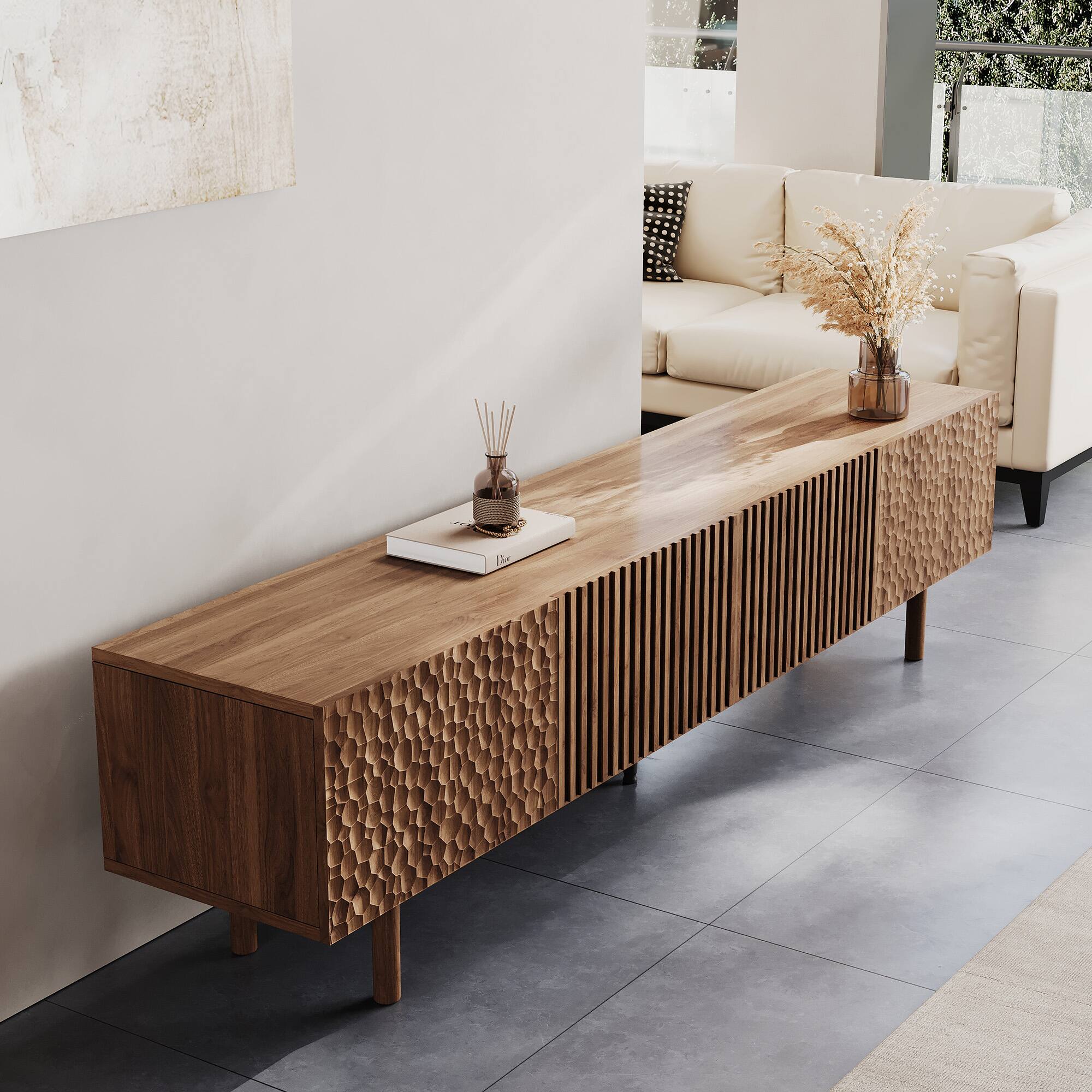 Back. luck idea - 86.61" TV Stand and Media Console & Entertainment Centers with Large Storage Space - Walnut Color.