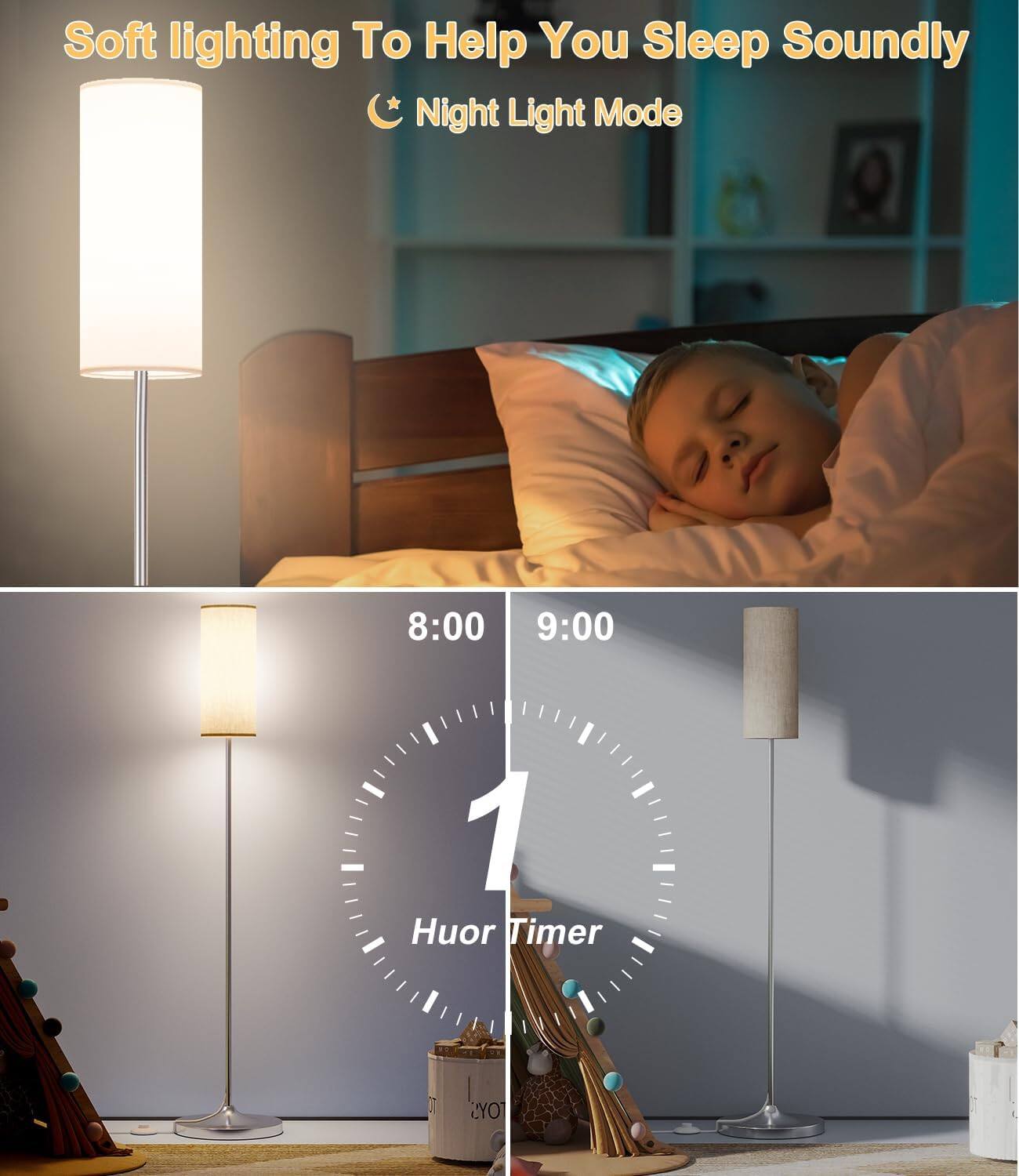 Soft lighting To Help You Sleep Soundly  
Night Light Mode  

8:00 9:00  
1 Hour Timer