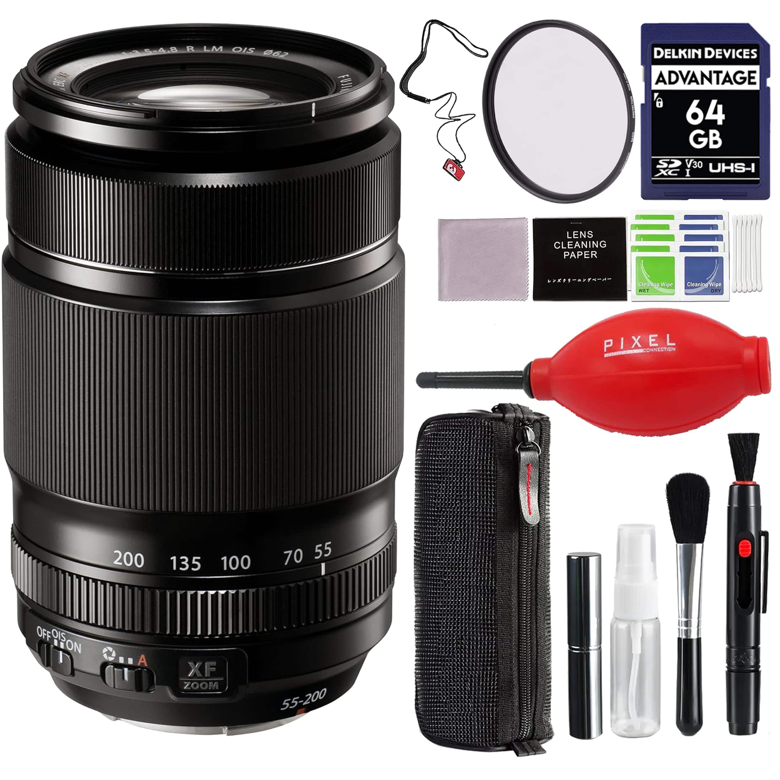 Fujifilm - XF 55-200mm f/3.5-4.8 R LM OIS Lens (Black) with Advance Accessories and Travel Bundle | Fuji XF 55-200mm - Black