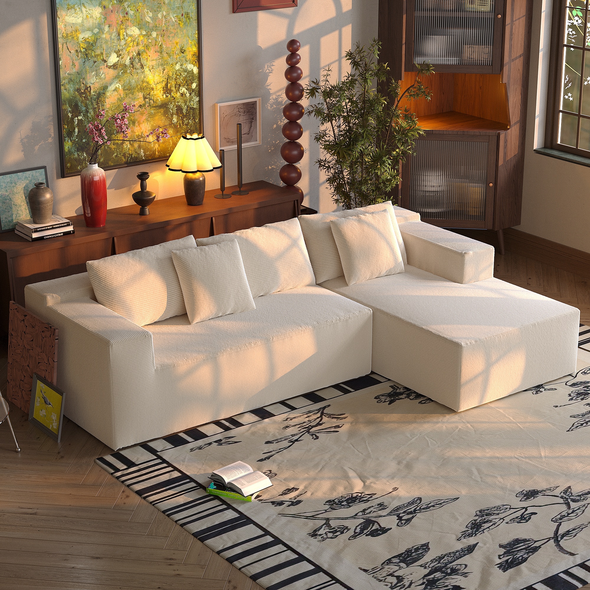 FUFU & GAGA - Beige Corduroy L-Shaped Sectional Sofa with Chaise, High-Resilience Foam Cushions and Throw Pillows - Beige