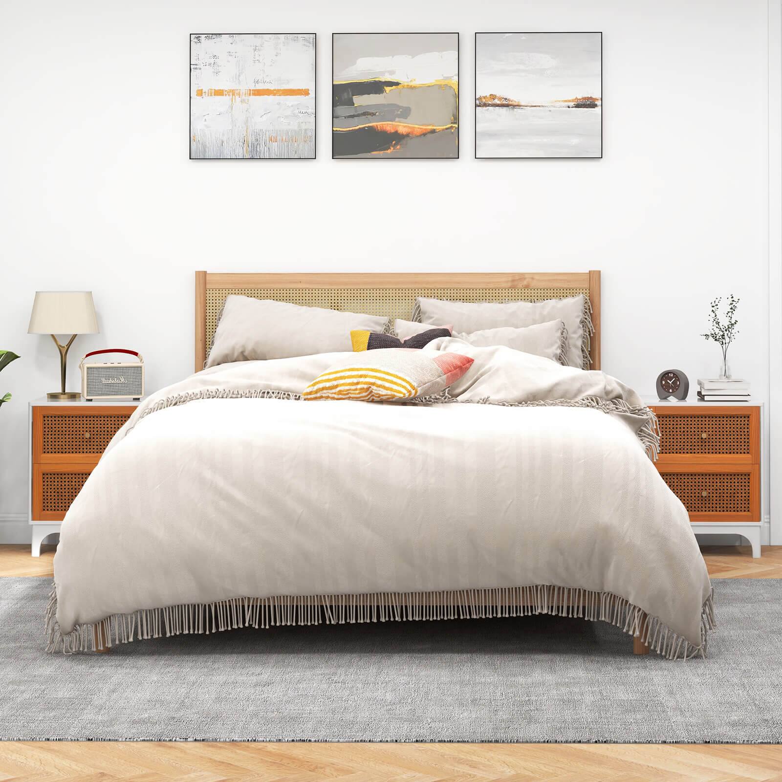 Alt View 1. Costway - 1 PCS Rattan Nightstand with Storage Wood End Sofa Side Table with 2 drawers Wood Legs - White + Brown.